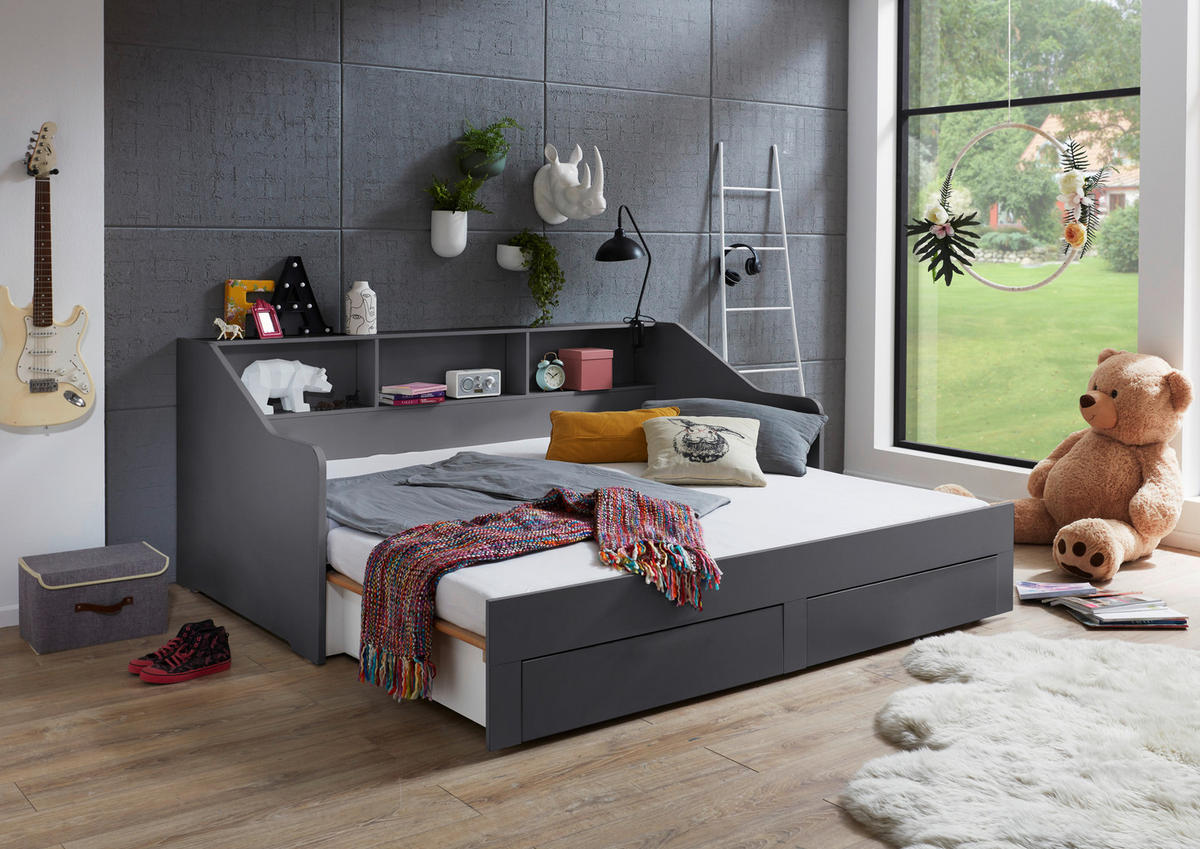 AUSZIEHBETT 90-180/200 cm  in Anthrazit  - Anthrazit/Buchefarben, KONVENTIONELL, Holzwerkstoff (90-180/200cm) - Carryhome
