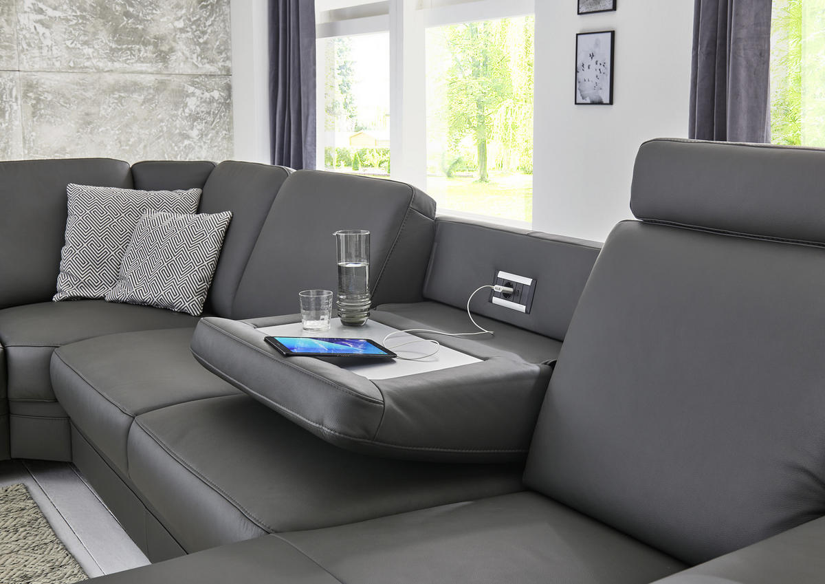 WOHNLANDSCHAFT in Echtleder Anthrazit  - Anthrazit/Alufarben, Konventionell, Leder/Metall (239/329/165cm) - Beldomo Premium