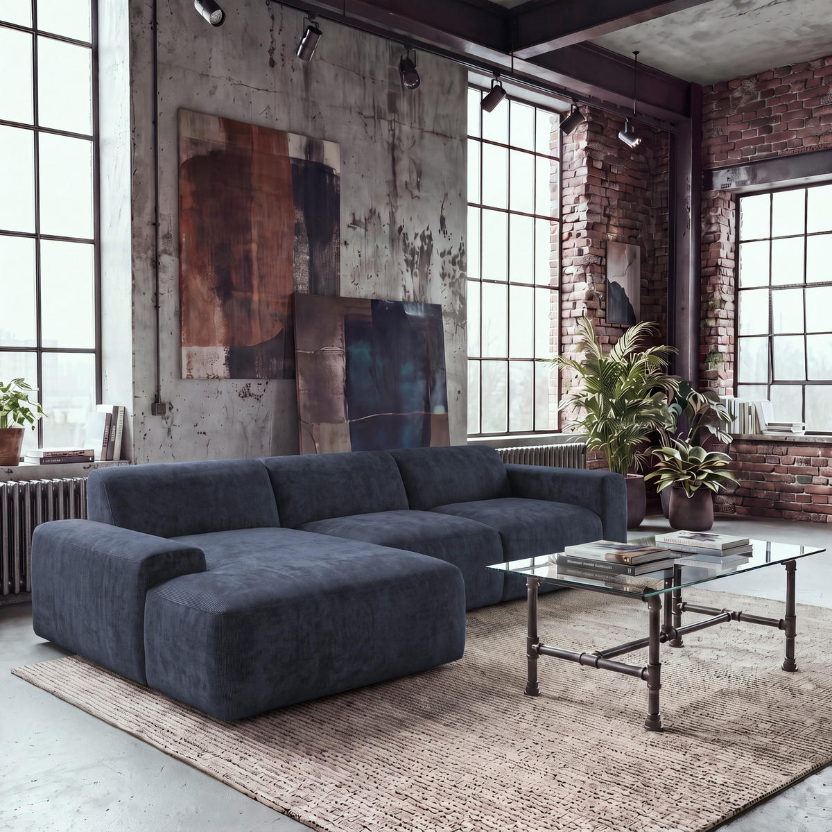 ECKSOFA HANNAH Blau Cord  - Blau/Schwarz, Design, Kunststoff/Textil (170/343cm) - MID.YOU