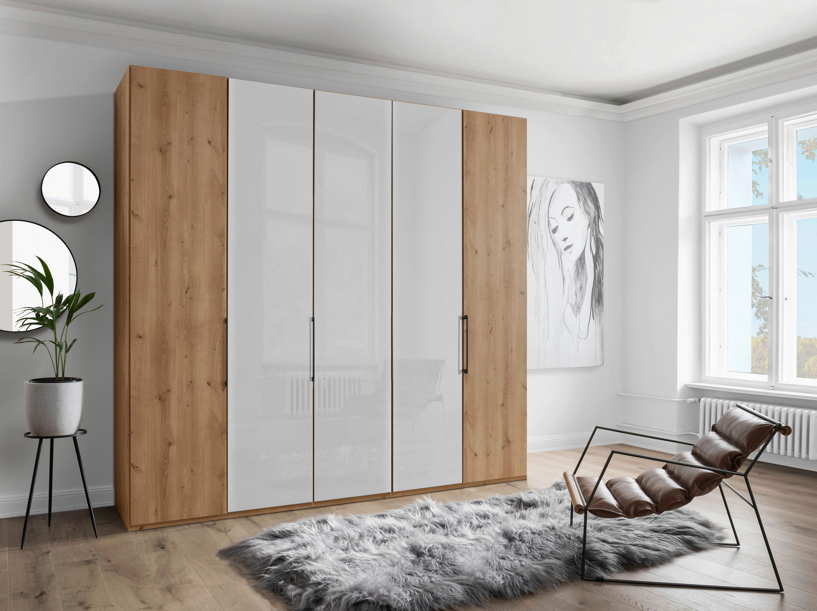 DREHTÜRENSCHRANK 5-türig Weiß, Eiche Bianco - Schieferfarben/Eiche Bianco, KONVENTIONELL, Glas/Holzwerkstoff (250/216/58cm) - Dieter Knoll