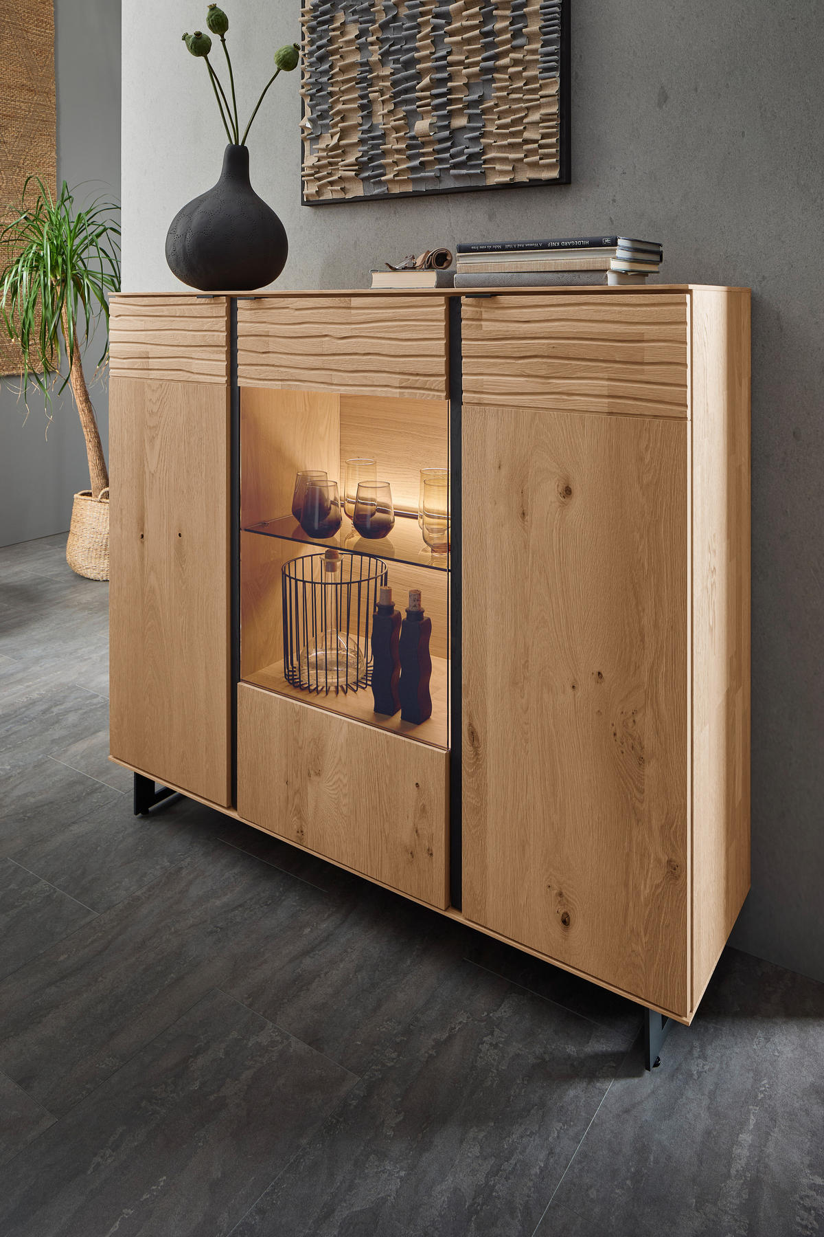 HIGHBOARD Eichefarben  139/127/44 cm  - Eichefarben/Anthrazit, Natur, Glas/Holz (139/127/44cm) - Valnatura