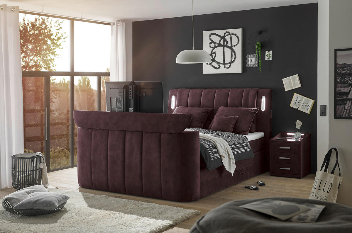 BOXSPRINGBETT 180/200 cm,  in Aubergine, gepolstertes Kopfteil, Bettkasten, Topper, H2 + H2 = mittel  - Aubergine, MODERN, Holzwerkstoff/Kunststoff (180/200cm) - MID.YOU