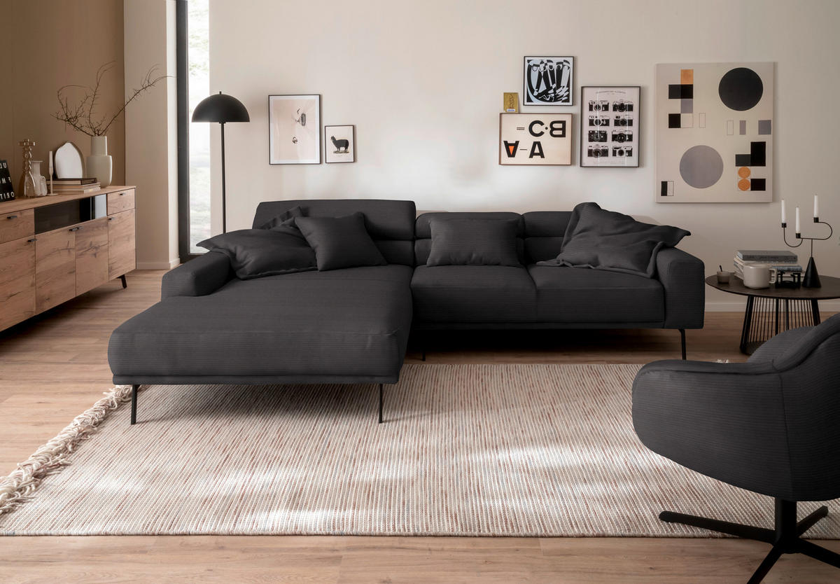ECKSOFA Cord Dunkelbraun  - Dunkelbraun/Schwarz, Design, Textil/Metall (215-217/293cm) - Schöner Wohnen