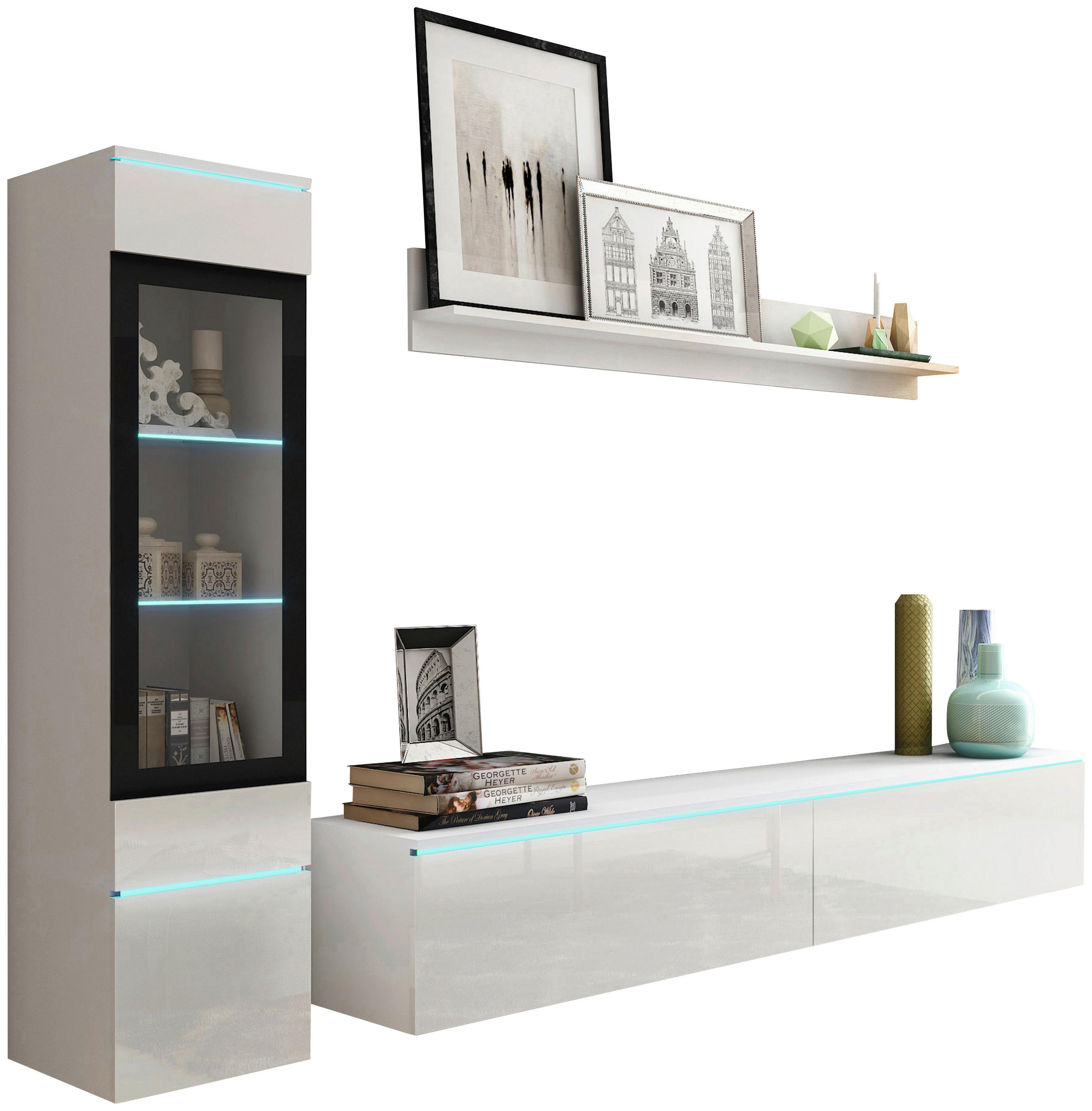 WOHNWAND Vera 3-teilig  in Weiß Hochglanz  210/130/33 cm  - Weiß Hochglanz/Weiß, LIFESTYLE, Glas/Holzwerkstoff (210/130/33cm) - P & B