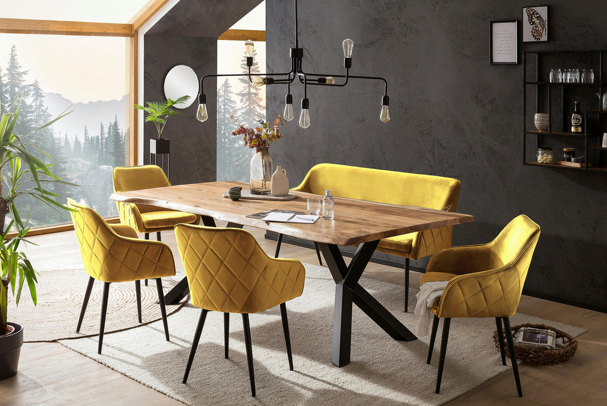 TISCHGRUPPE   - Senfgelb/Naturfarben, MODERN, Holz/Textil (200/100/76,5cm) - Livetastic