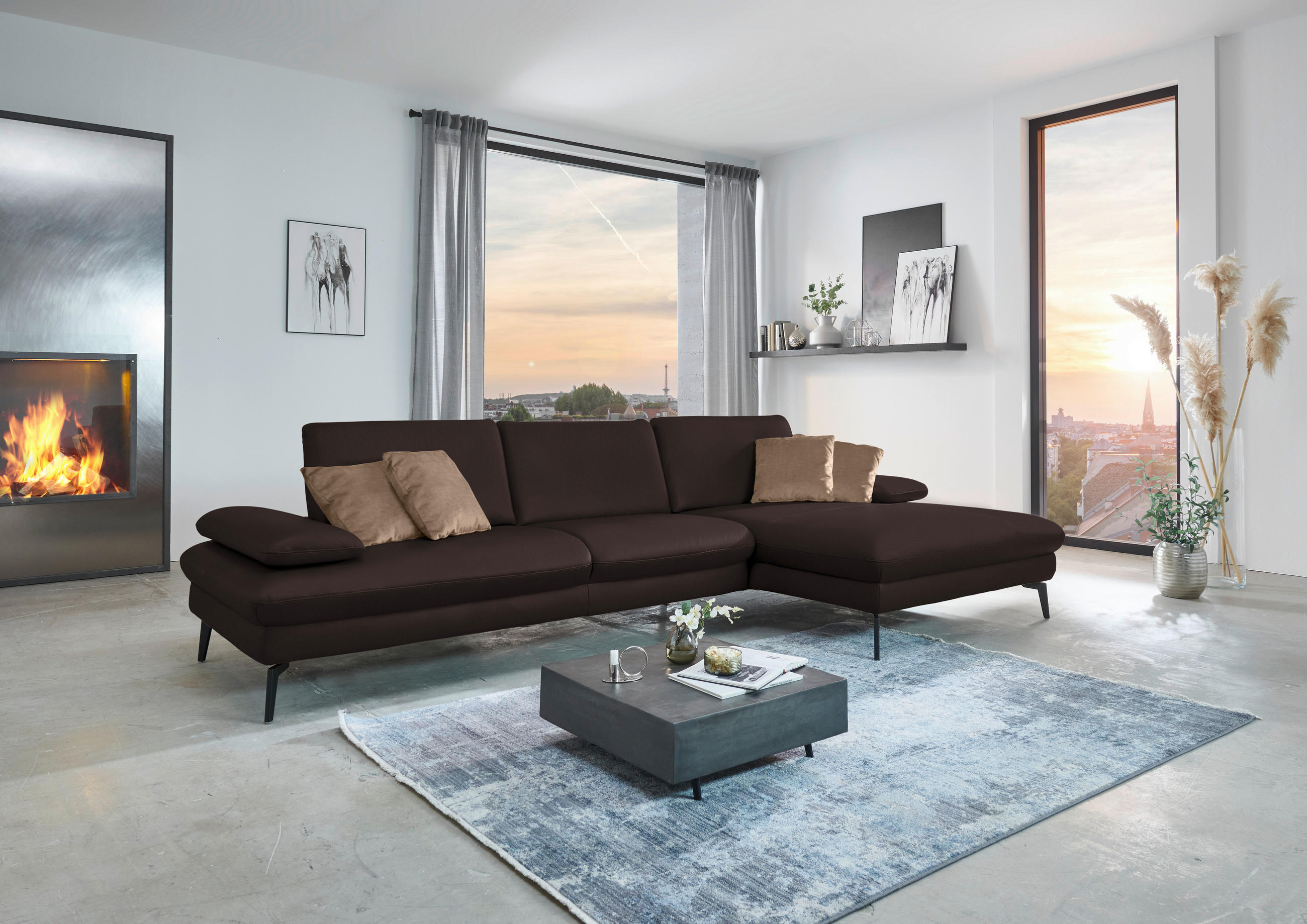 ECKSOFA in Echtleder Braun  - Schwarz/Braun, Design, Leder/Metall (325/157cm) - Dieter Knoll