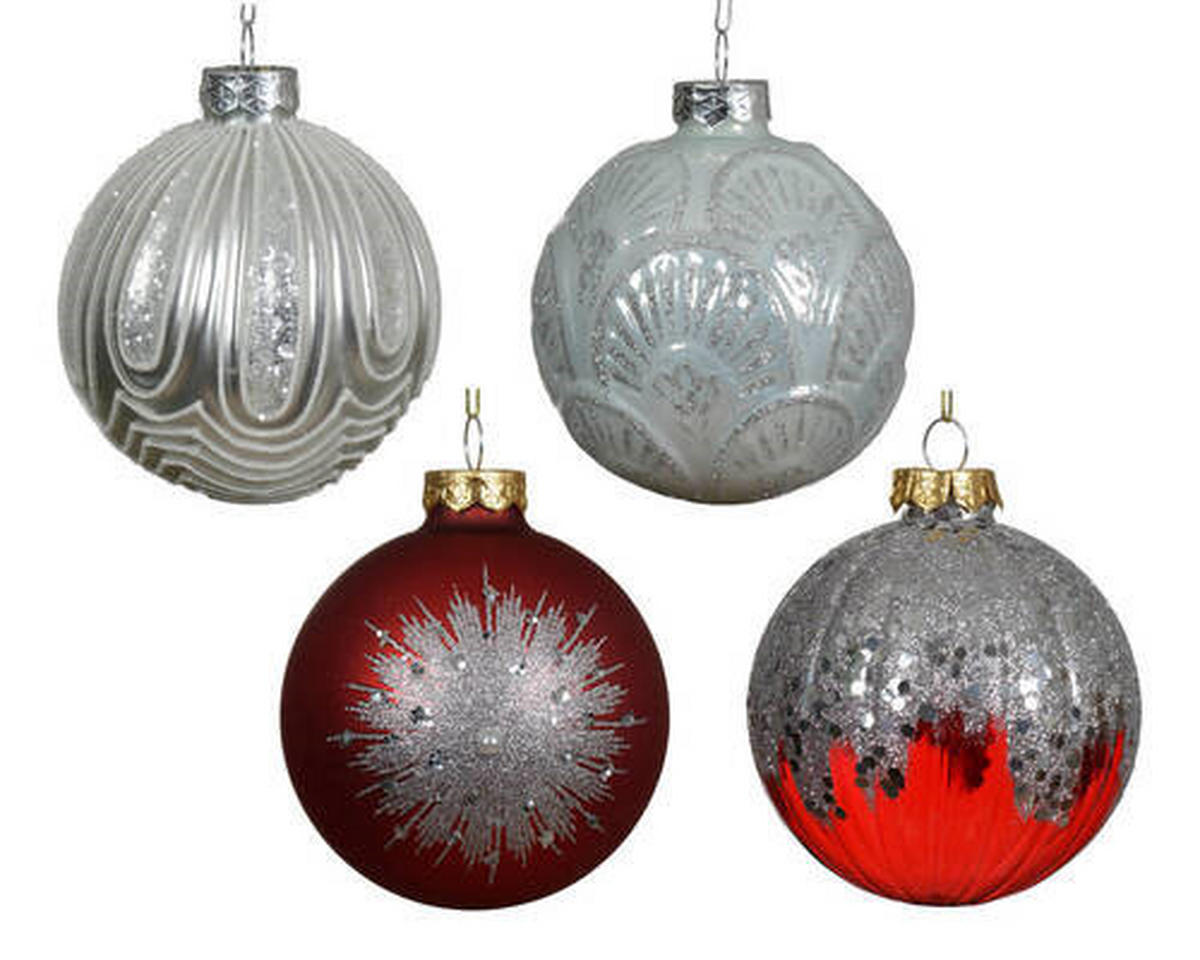 KUGLA ZA JELKU - srebrna/crvena, Osnovno, staklo (8cm)
