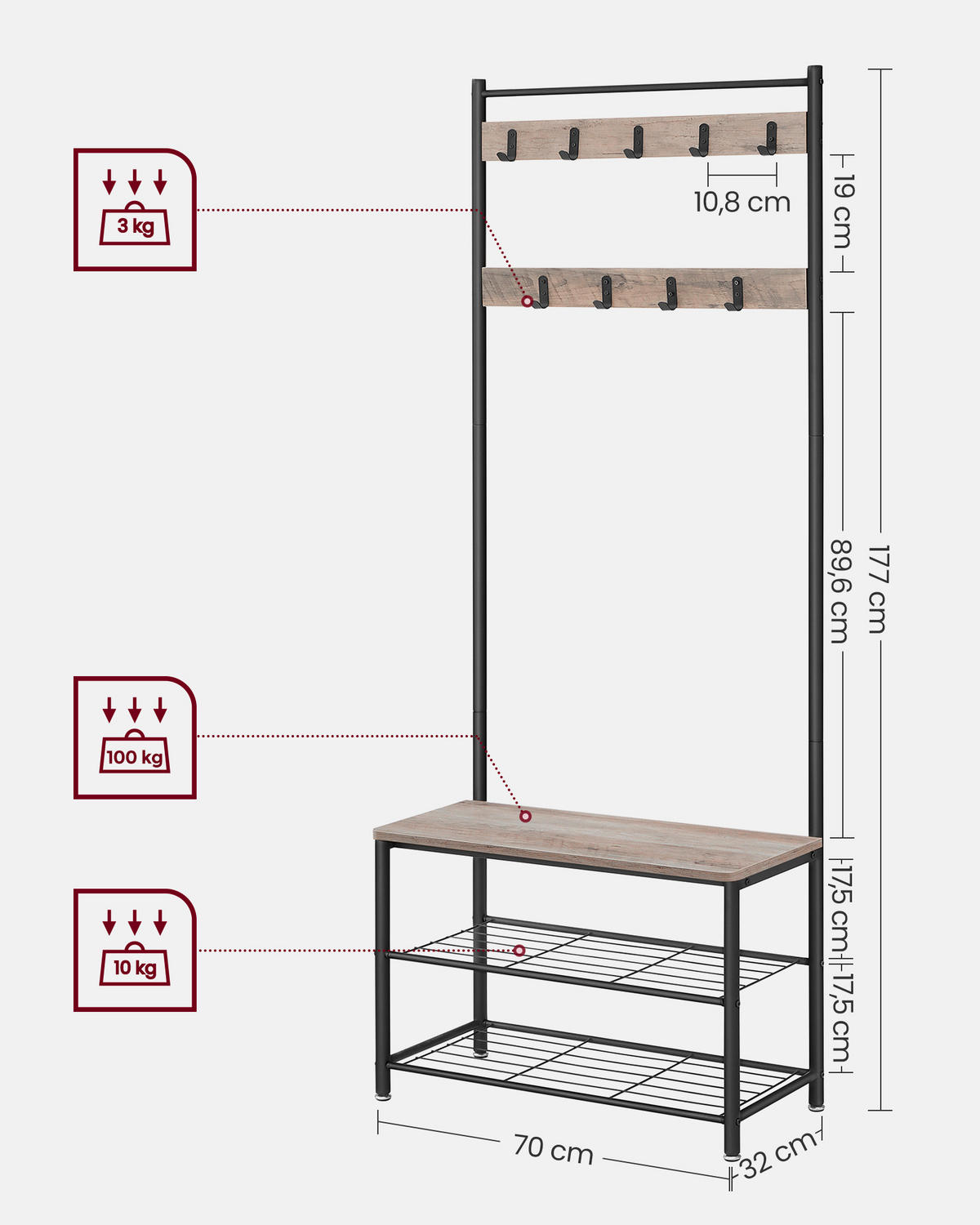 ŠATNA, 70/175/32 cm - šedá/černá, Trend, kov/kompozitní dřevo (70/175/32cm) - Boxxx
