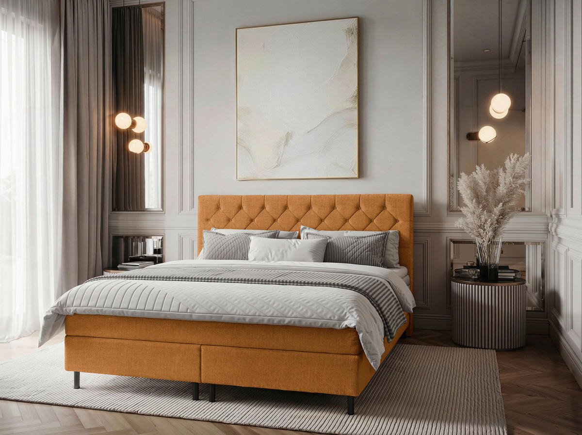 BOXSPRINGBETT 200/200 cm,  in Orange, Matratze, Topper, H2 + H2 = mittel  - Schwarz/Orange, KONVENTIONELL, Textil/Metall (200/200cm) - Chameo