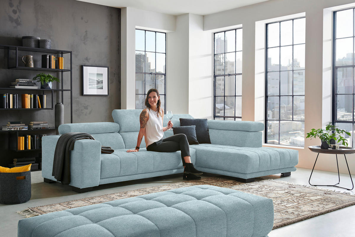 ECKSOFA in Mikrofaser Hellblau  - Schwarz/Hellblau, Design, Textil/Metall (301/207cm) - Xora