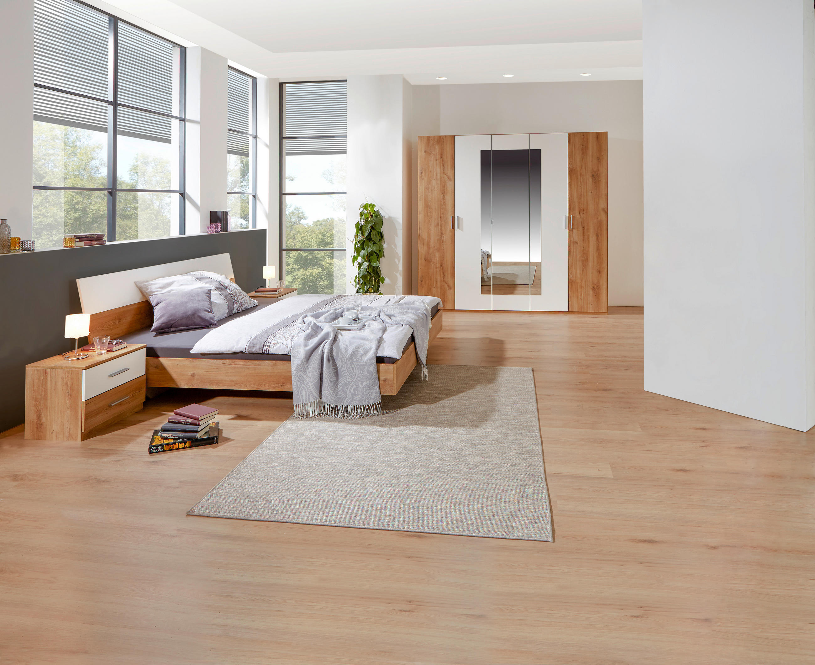 Schlafzimmer-Set Katrin 4-Tlg. Eiche Dekor/Weiß Mit Spiegel