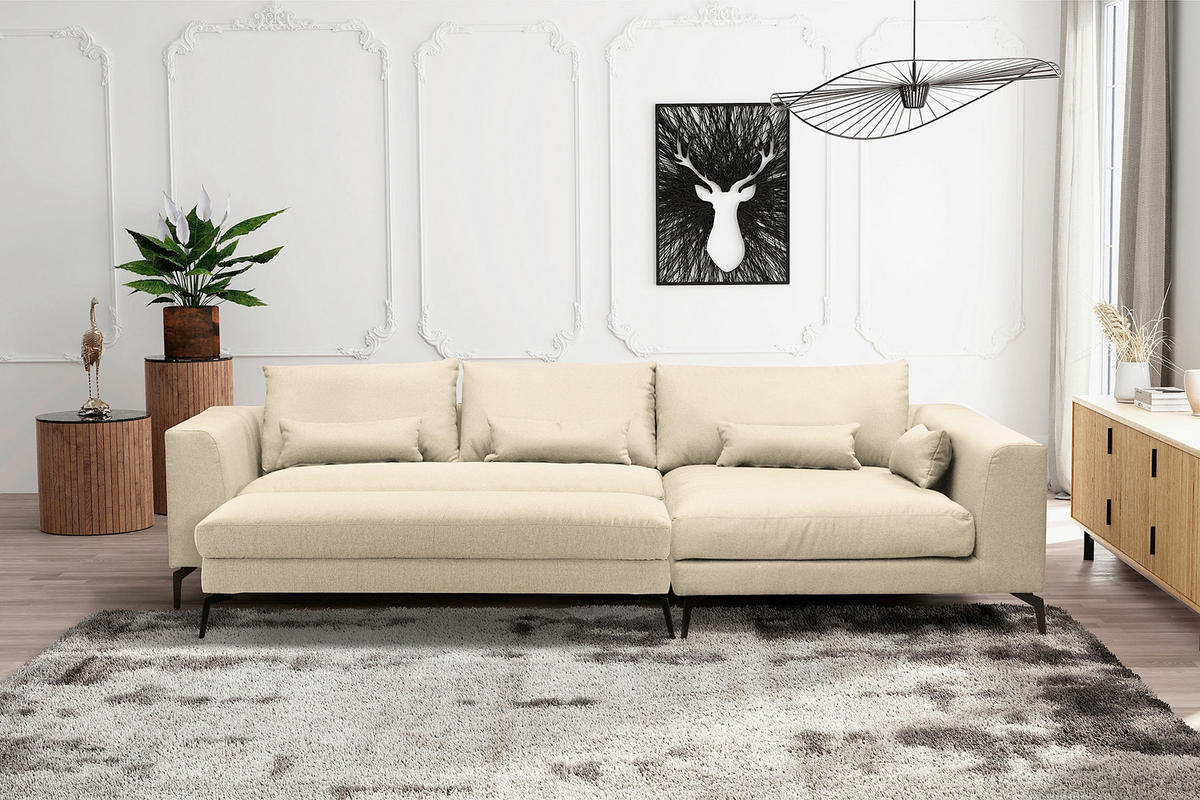 HOCKER BERLIN Webstoff Creme  - Creme/Schwarz, Design, Textil/Metall (163/46/62cm) - Livetastic