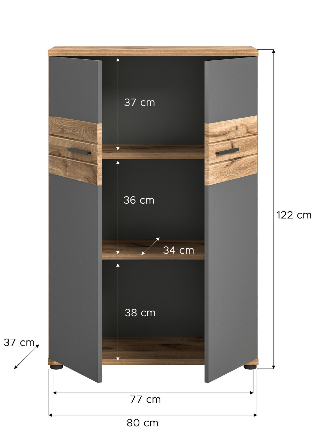 KOMODA, siva, barve hrasta  - črna/siva, umetna masa/leseni material (80/122/37cm) - MID.YOU