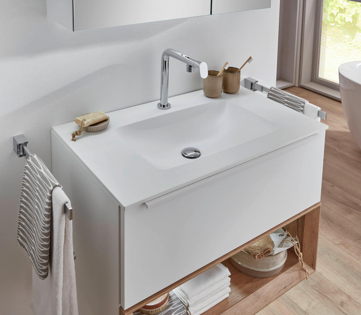 UMIVAL. ENOTA Z UMIVALNIKOM  - barve hrasta/bela, Moderno, kamen/kovina (80cm) - Celina Home