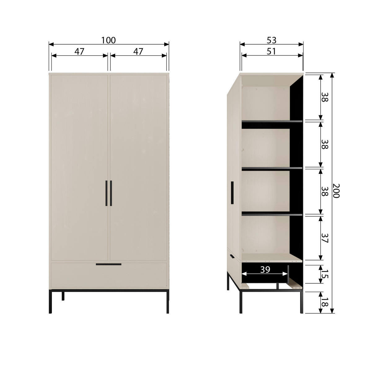 GARDEROBENSCHRANK Adam  in 100/200/53 cm  - Hellgrau/Schwarz, Design, Holz/Holzwerkstoff (100/200/53cm) - Livetastic
