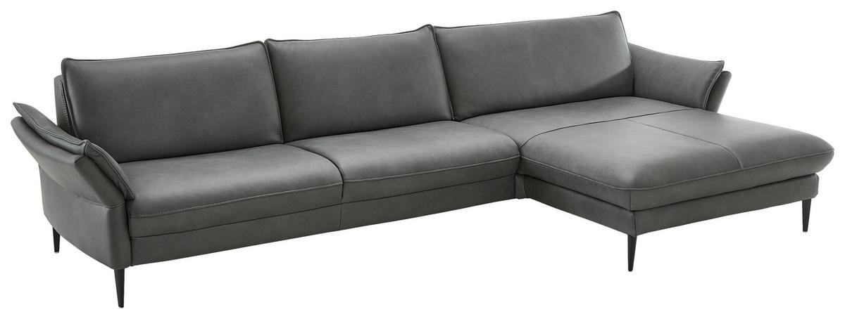 ECKSOFA in Echtleder Anthrazit  - Anthrazit/Schwarz, Design, Leder/Metall (334/172cm) - Hukla