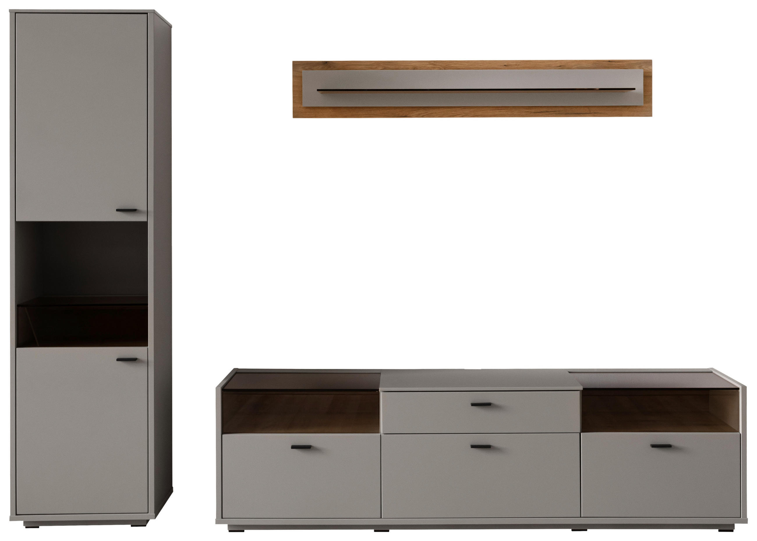 REGAL ZA DNEVNI BORAVAK siva, boje hrasta   - siva/boje hrasta, Moderno, staklo/drvni materijal (271/200/44cm) - Stylife