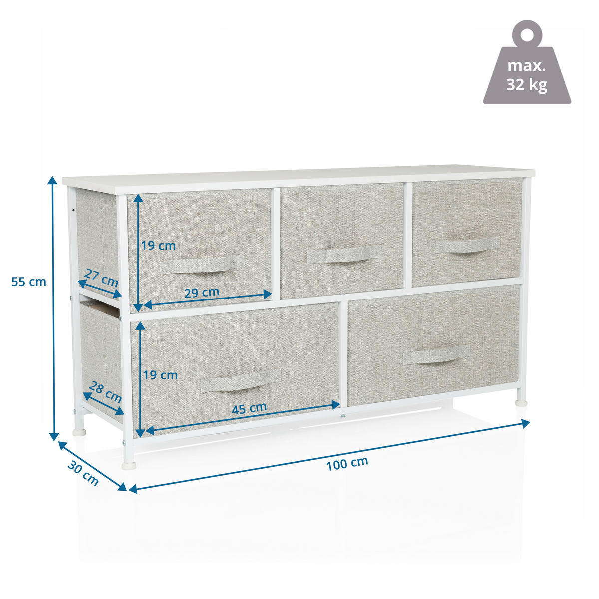 KOMMODE  in 100/55/30 cm  - Weiß/Grau, MODERN, Kunststoff/Textil (100/55/30cm) - MID.YOU
