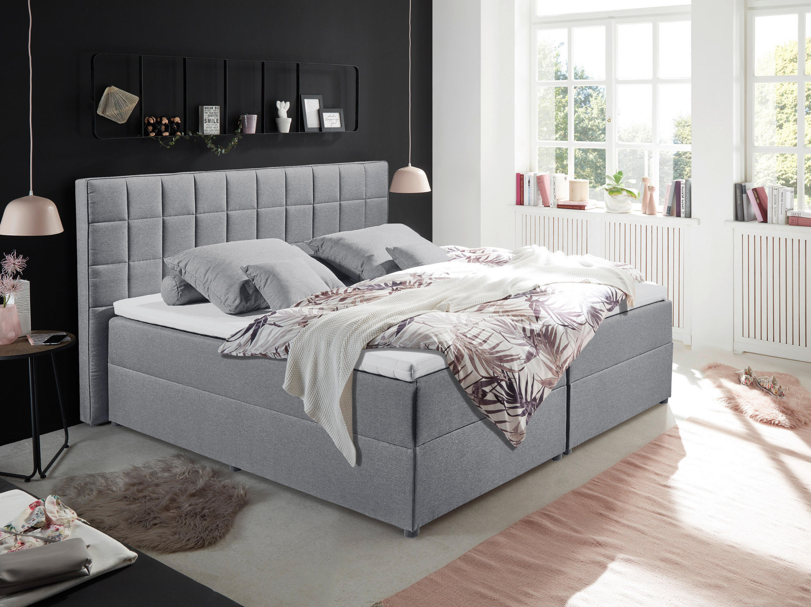 BOXBETT 180/200 cm,  in Grau, gepolstertes Kopfteil, Bettkasten, Topper, H2 + H2 = mittel  - Grau, Basics, Kunststoff/Textil (180/200cm) - MID.YOU