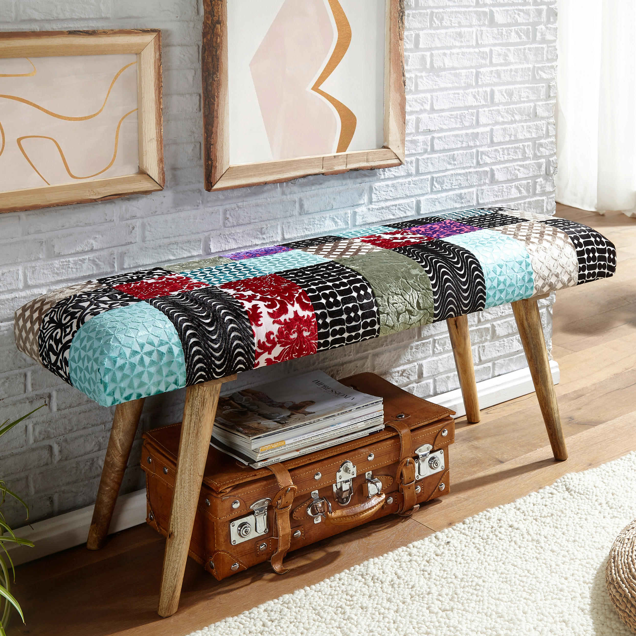 BÄNK i textil multicolor  - brun/multicolor, Modern, trä/textil (117/51/38cm) - MID.YOU