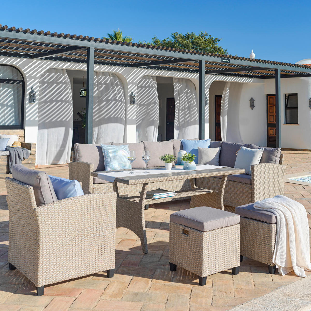 Loungegarnitur 6-tlg. Porto II 175/232 cm Stahl  - Hellgrau/Braun, MODERN, Kunststoff/Textil (175/232cm) - Gardenson