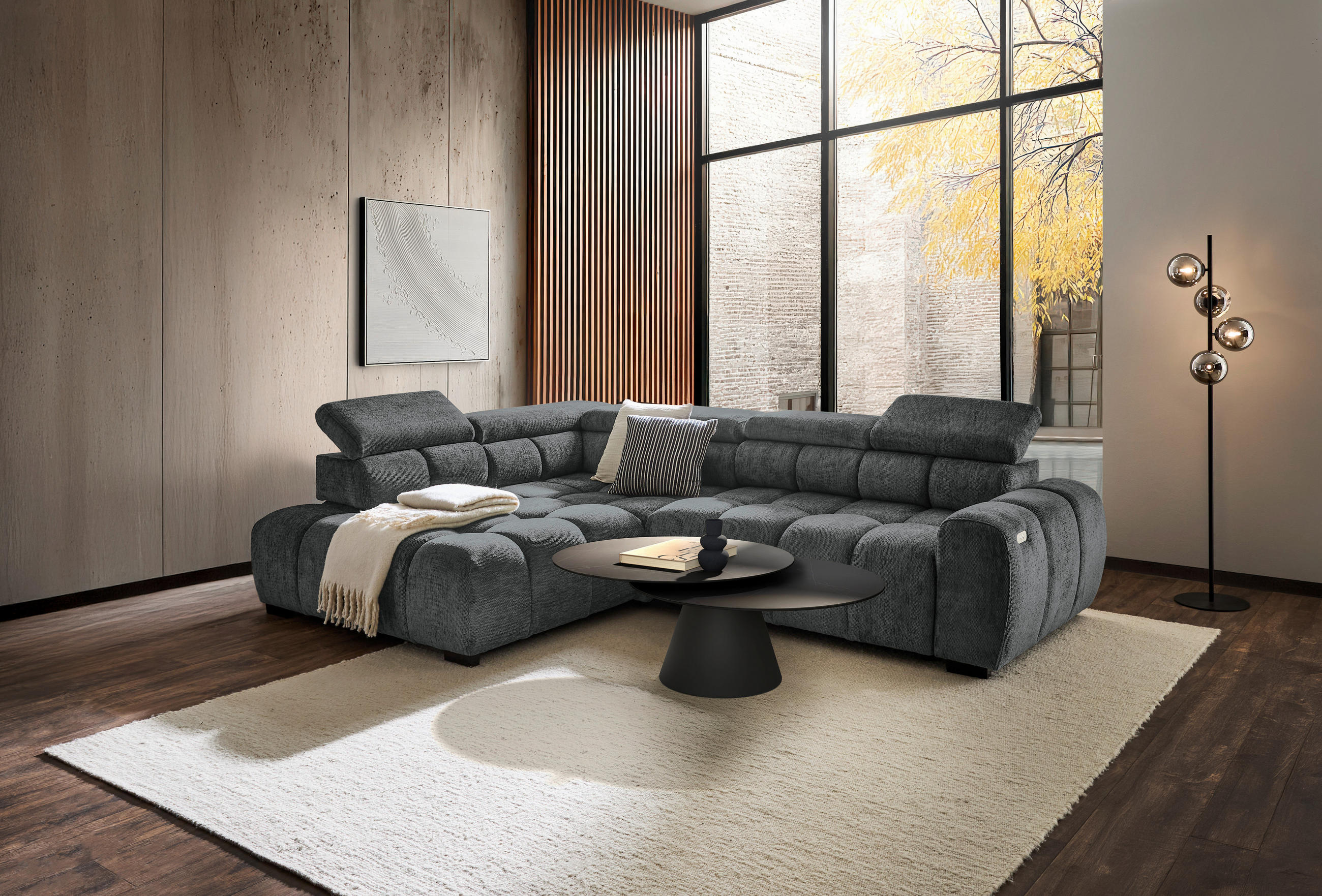 ECKSOFA inkl. Funktionen Anthrazit Webstoff  - Anthrazit/Schwarz, MODERN, Kunststoff/Textil (205/297cm) - Welnova