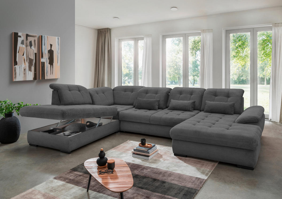 WOHNLANDSCHAFT in Cord Grau  - Schwarz/Grau, Modern, Textil/Metall (252/387/184cm) - Livetastic
