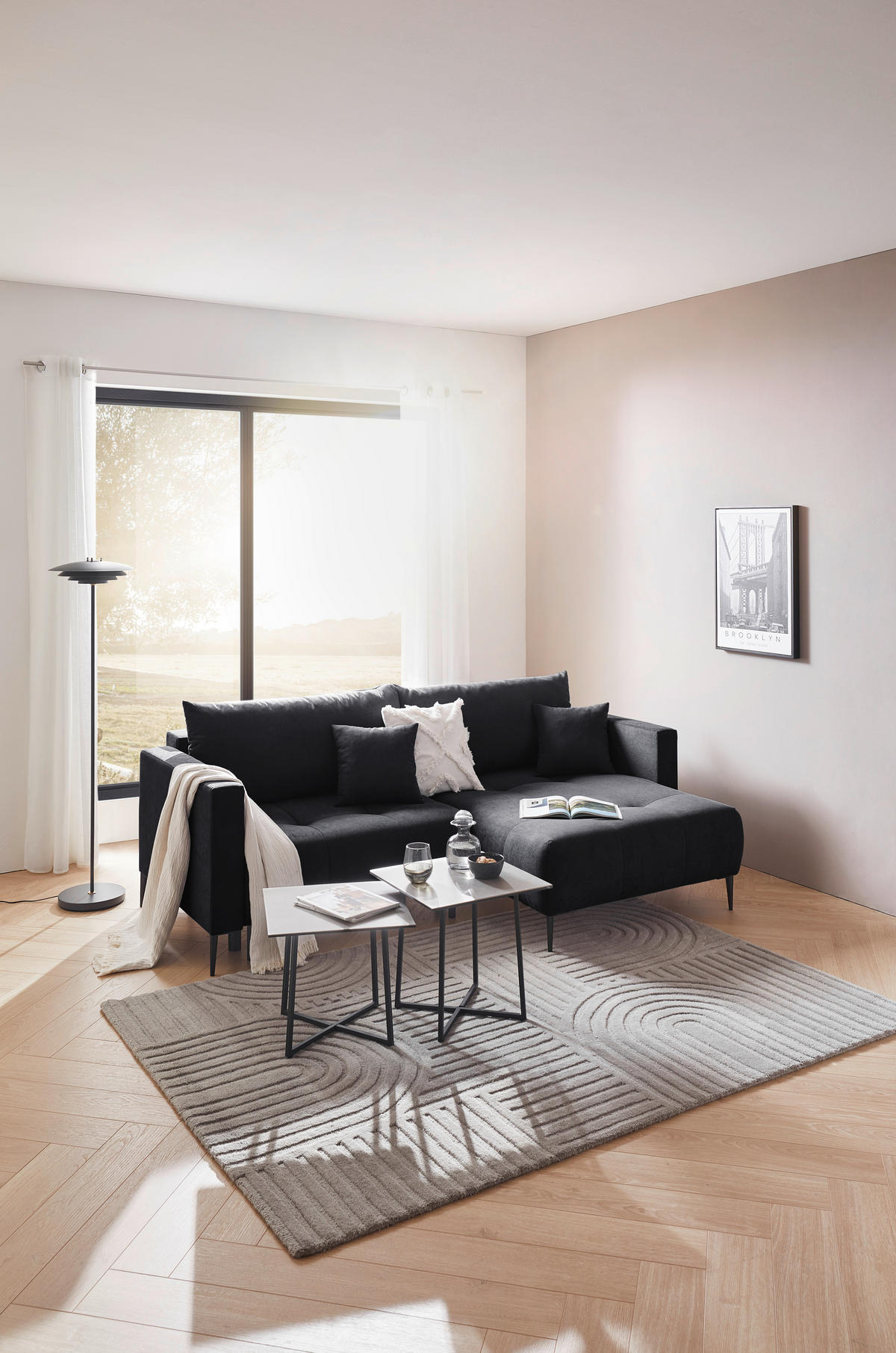 ECKSOFA in Velours Schwarz  - Schwarz, Konventionell, Textil/Metall (226/155cm) - Carryhome
