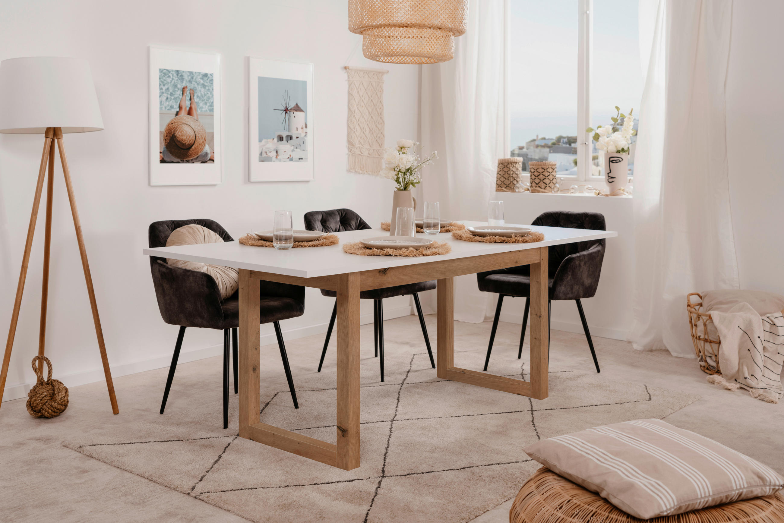 Thumbnail - Mid.you Esstisch, Weiß, Eiche Artisan, Holzwerkstoff, rechteckig, U-Form, 90x75x160-200 cm, ausziehbar, Esszimmer, Tisch...