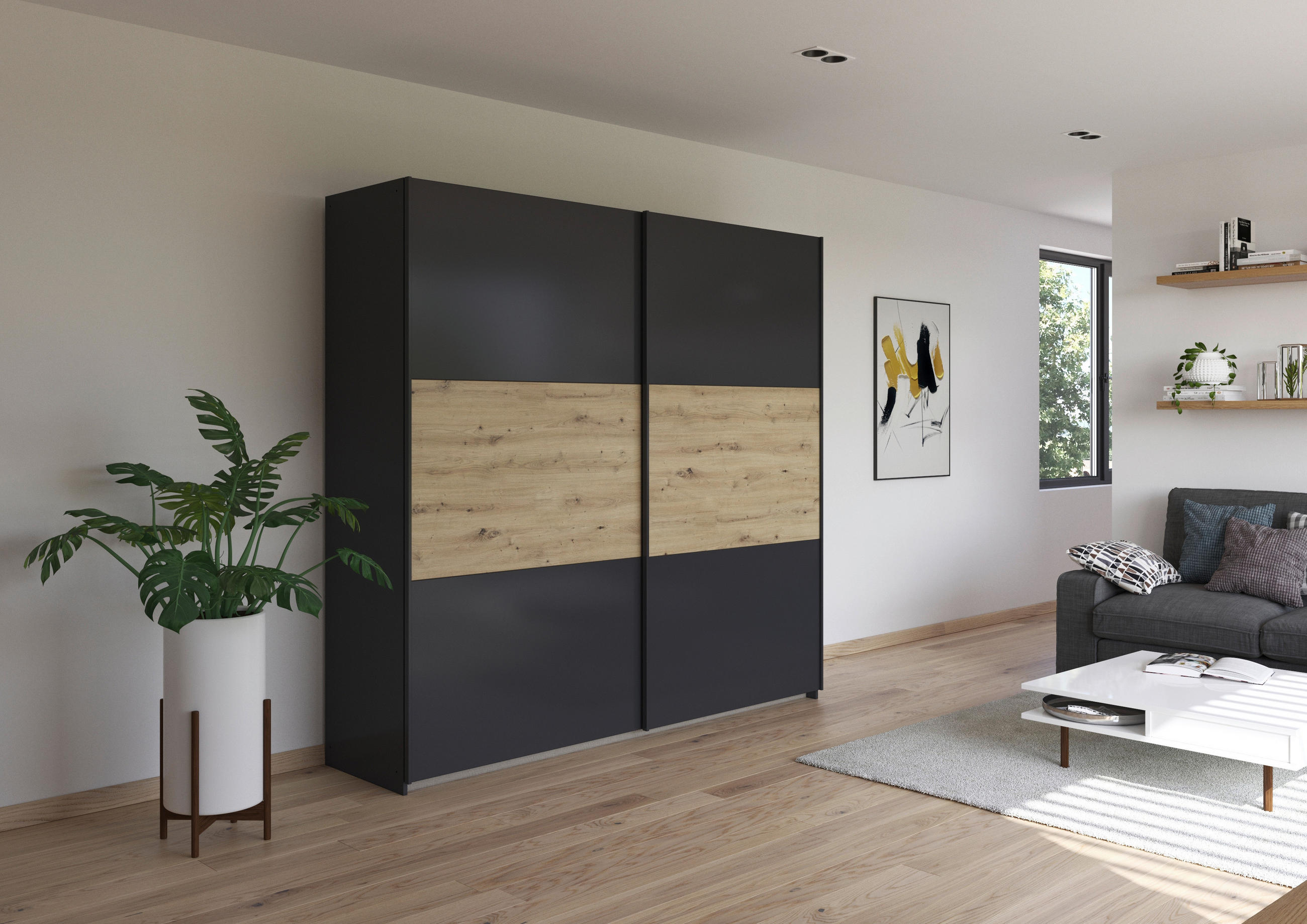 SCHWEBETÜRENSCHRANK in Grau, Eiche Artisan  - Eiche Artisan/Grau, Modern, Holzwerkstoff/Metall (218/210/59cm) - Rauch Möbel
