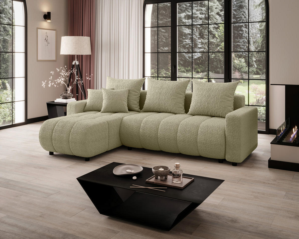 ECKSOFA Beige Bouclé Zierkissen, Rückenkissen, Bettkasten, Schlaffunktion, Rücken echt, Liegefläche im Originalstoff  - Beige/Schwarz, MODERN, Kunststoff/Textil (150/240cm) - Carryhome