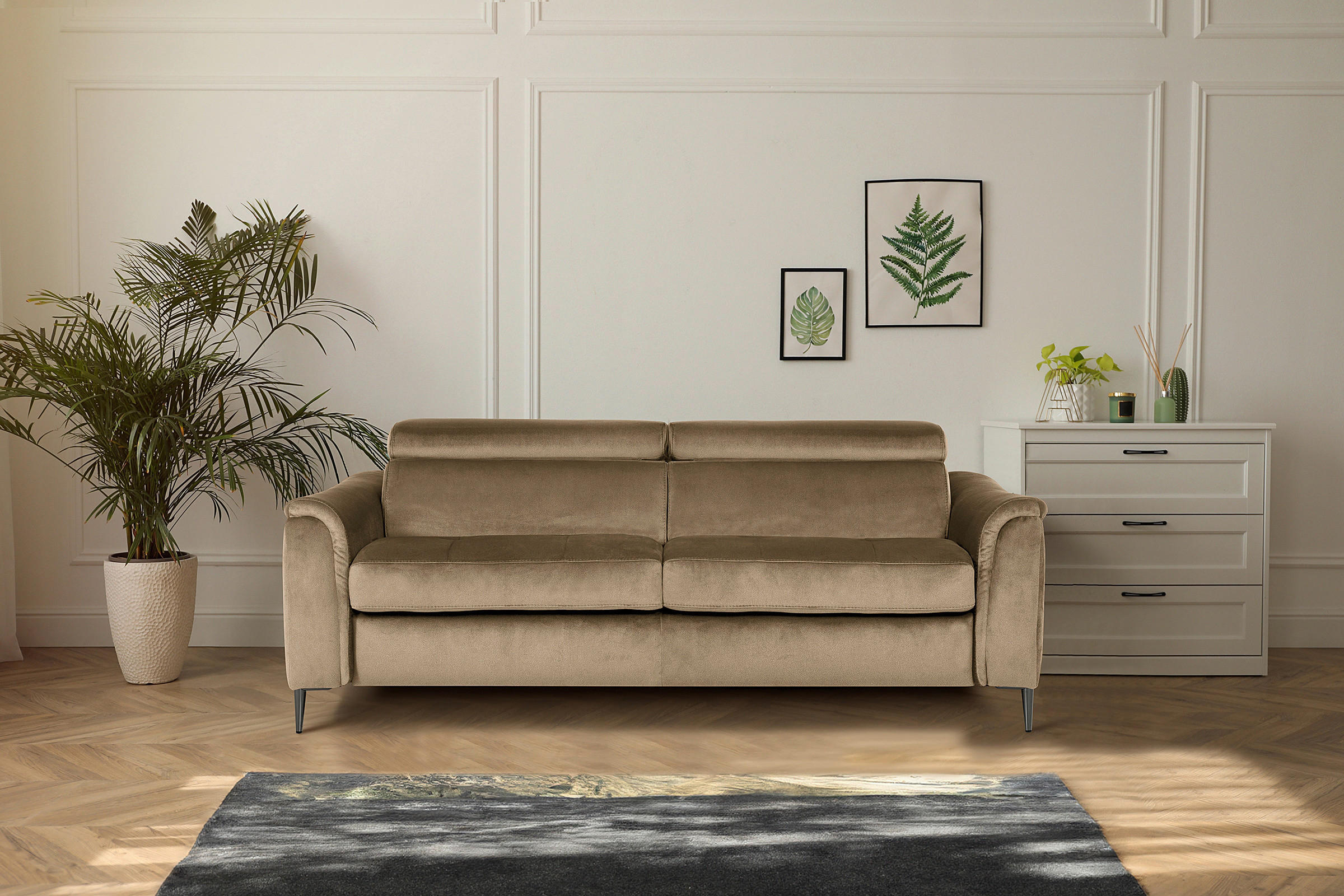 SCHLAFSOFA Samt Hellbraun  - Chromfarben/Hellbraun, Design, Textil/Metall (203/77-98/103cm) - MID.YOU