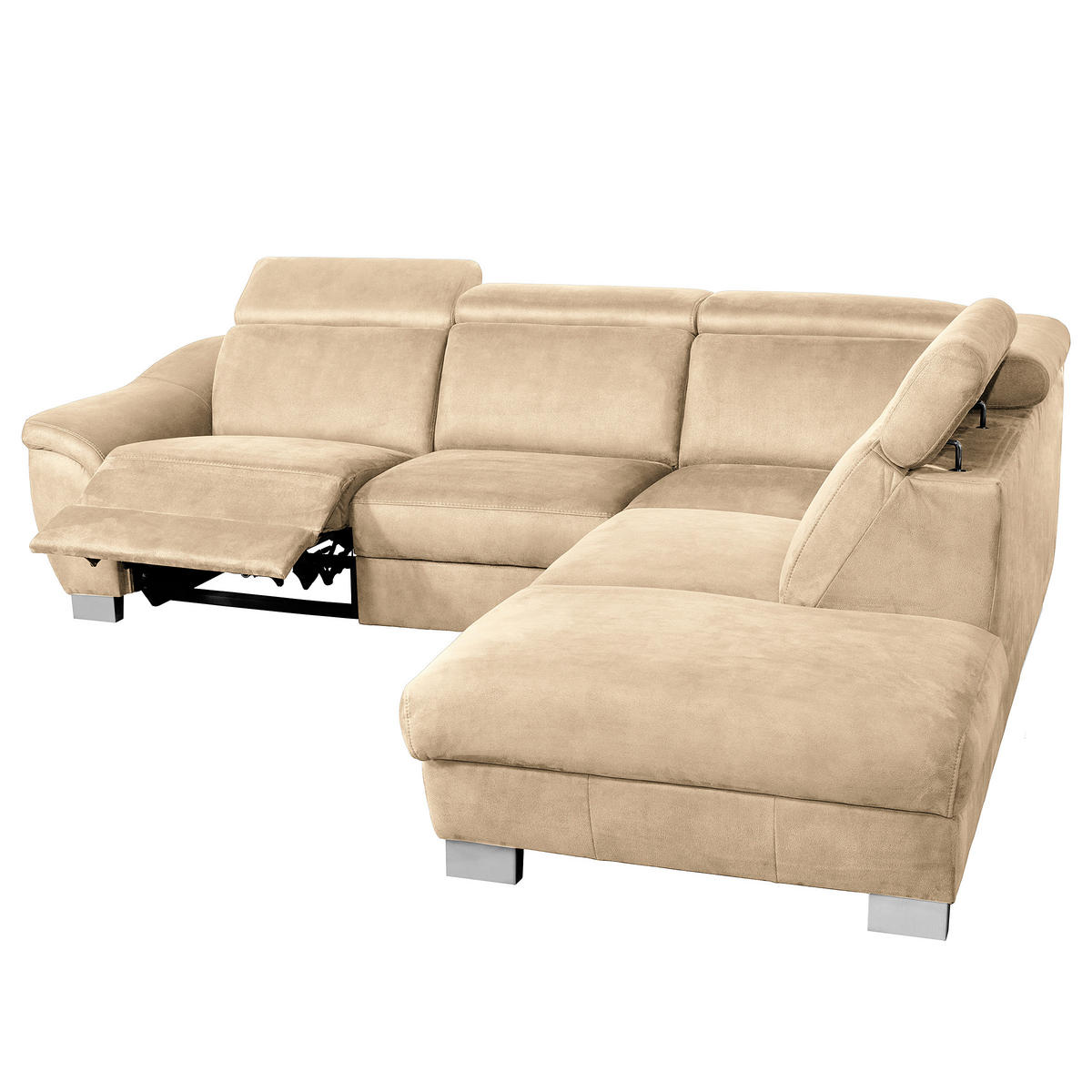 ECKSOFA Beige Mikrofaser Rücken echt, Relaxfunktion, Kopfteilverstellung  - Chromfarben/Beige, Design, Textil/Metall (276/238cm) - Livetastic
