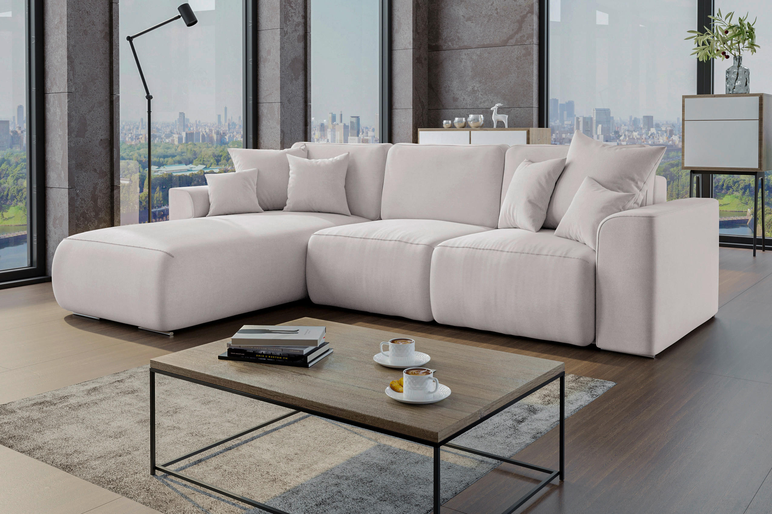 ECKSOFA in Velours Hellgrau  195/293 cm  - Chromfarben/Hellgrau, KONVENTIONELL, Kunststoff/Textil (195/293cm) - Carryhome