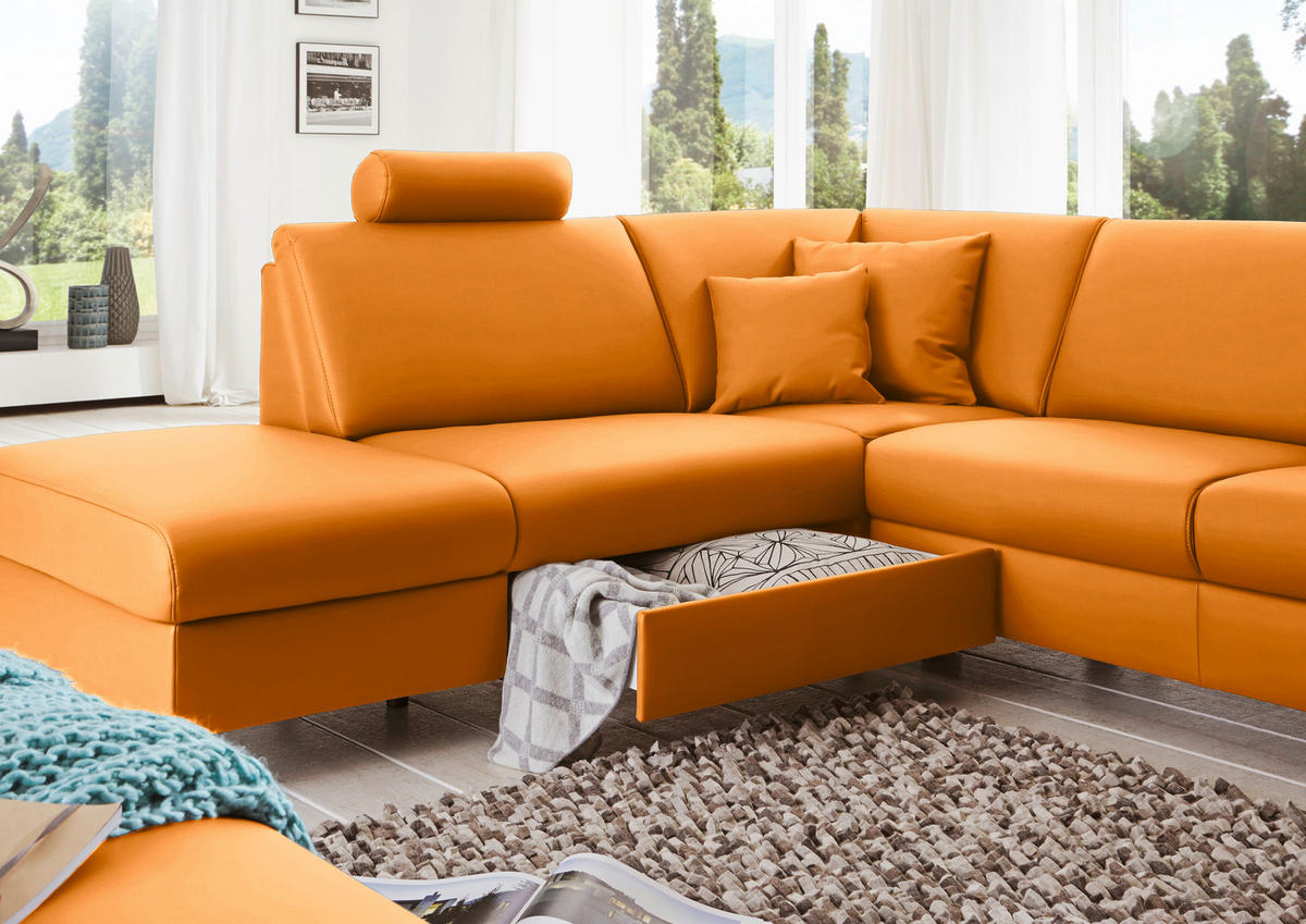 WOHNLANDSCHAFT in Echtleder Orange  - Alufarben/Orange, Design, Leder/Metall (233/339/165cm) - Beldomo Premium