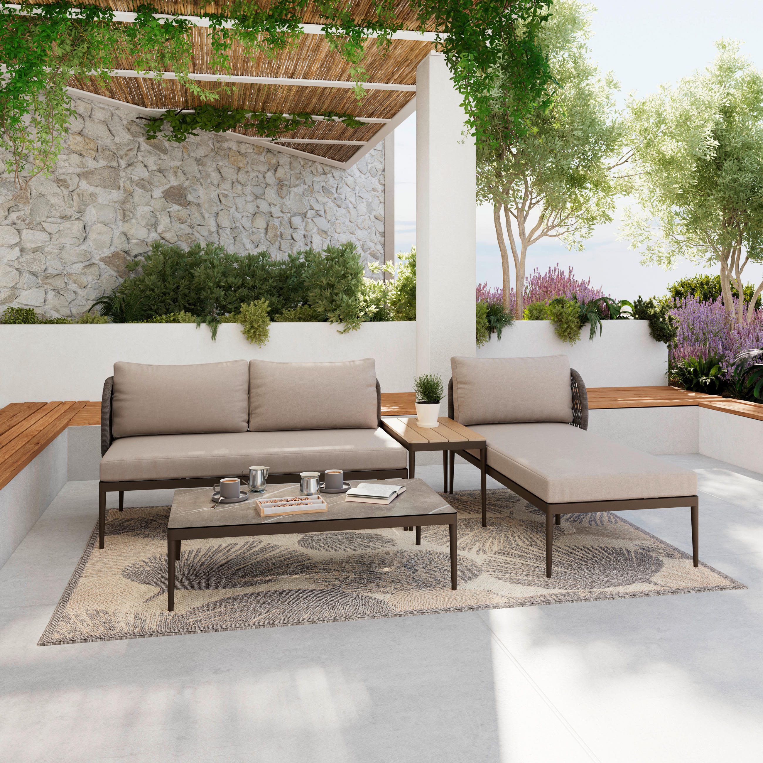 TERASOVÁ SEDACÍ SOUPRAVA 4dílné, kov, plast, sklo, textil - cappuccino/přírodní barvy, Moderní, kov/textil (255/72/145cm) - Ambia Garden