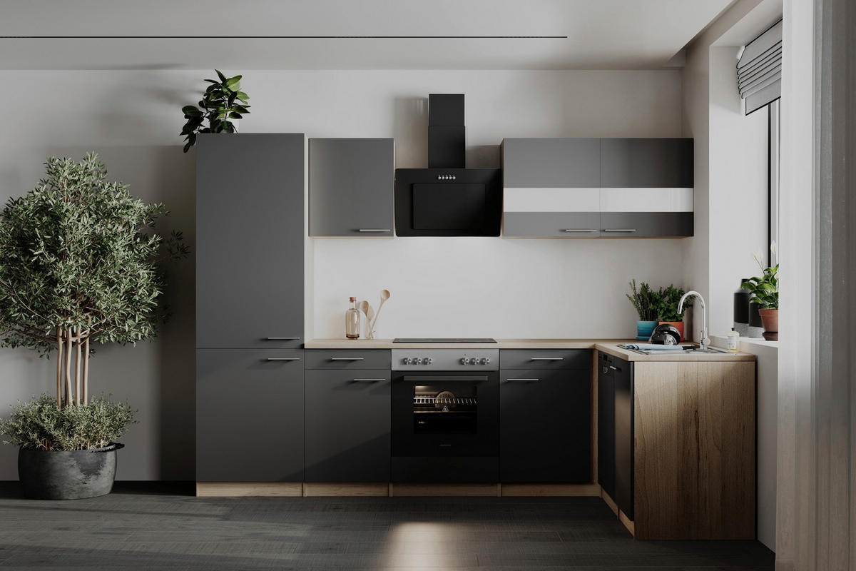 ECKKÜCHE  in Grau  - Edelstahlfarben/Eichefarben, Basics, Holzwerkstoff/Metall (280cm) - Respekta