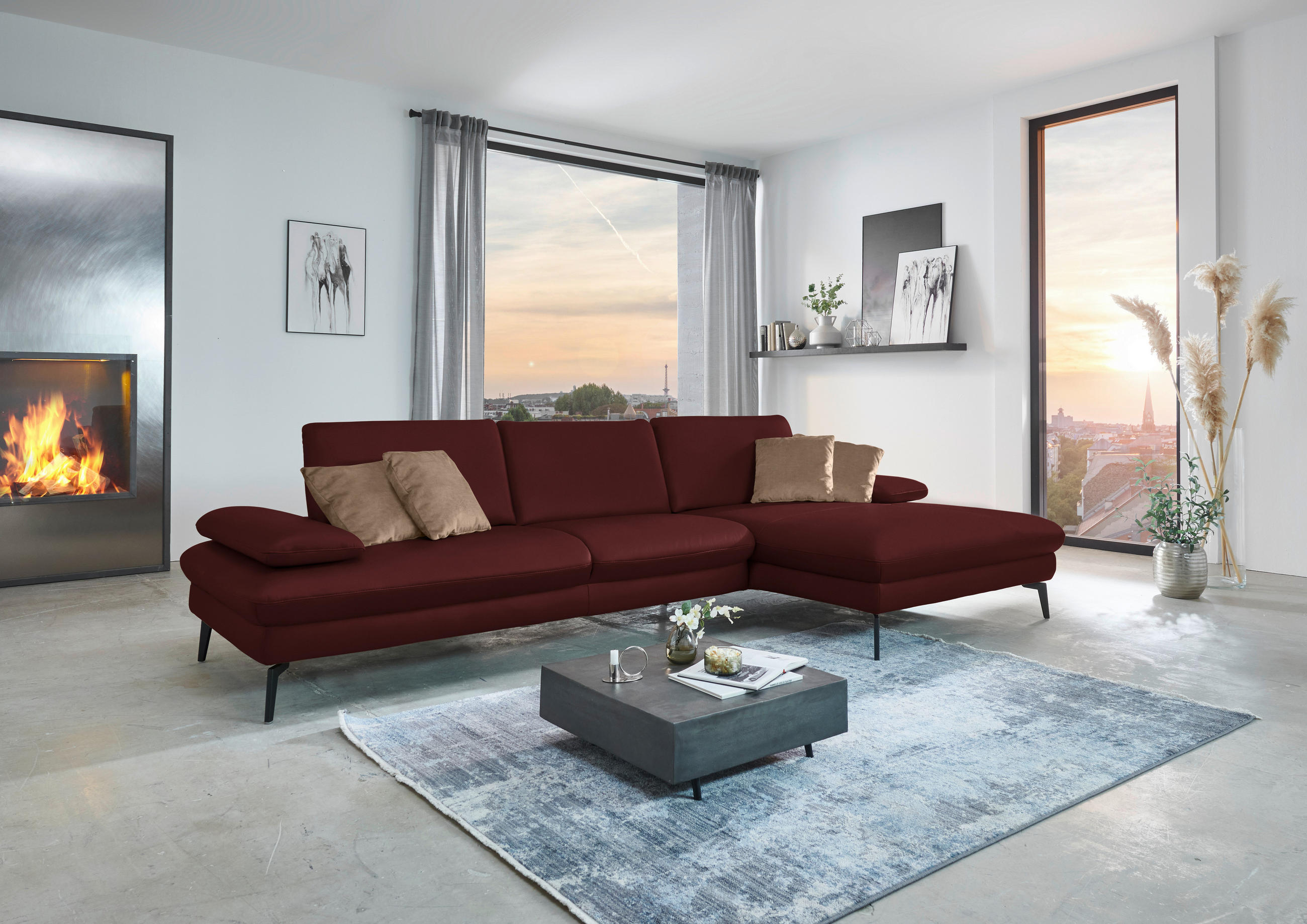 ECKSOFA in Echtleder Beere  - Beere/Schwarz, Design, Leder/Metall (325/157cm) - Dieter Knoll