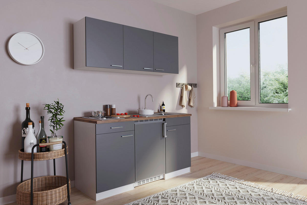 MINIKÜCHE 150 cm   in Grau  - Edelstahlfarben/Nussbaumfarben, Basics, Holzwerkstoff/Kunststoff (150cm) - Respekta