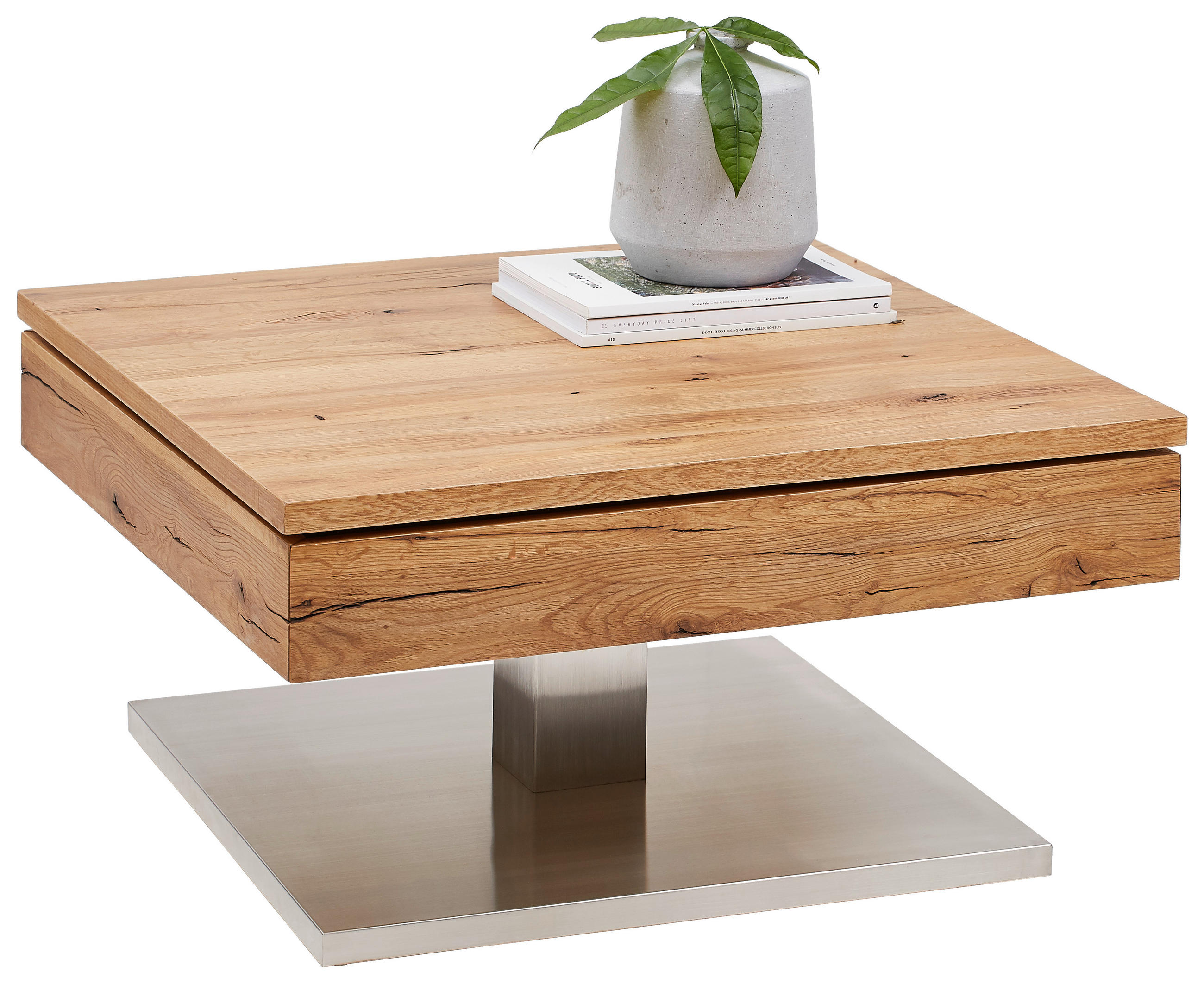 COUCHTISCH furniert 75/75/38 cm quadratisch Silberfarben, Eichefarben  - Eichefarben/Silberfarben, Design, Holzwerkstoff/Metall (75/75/38cm) - Linea Natura