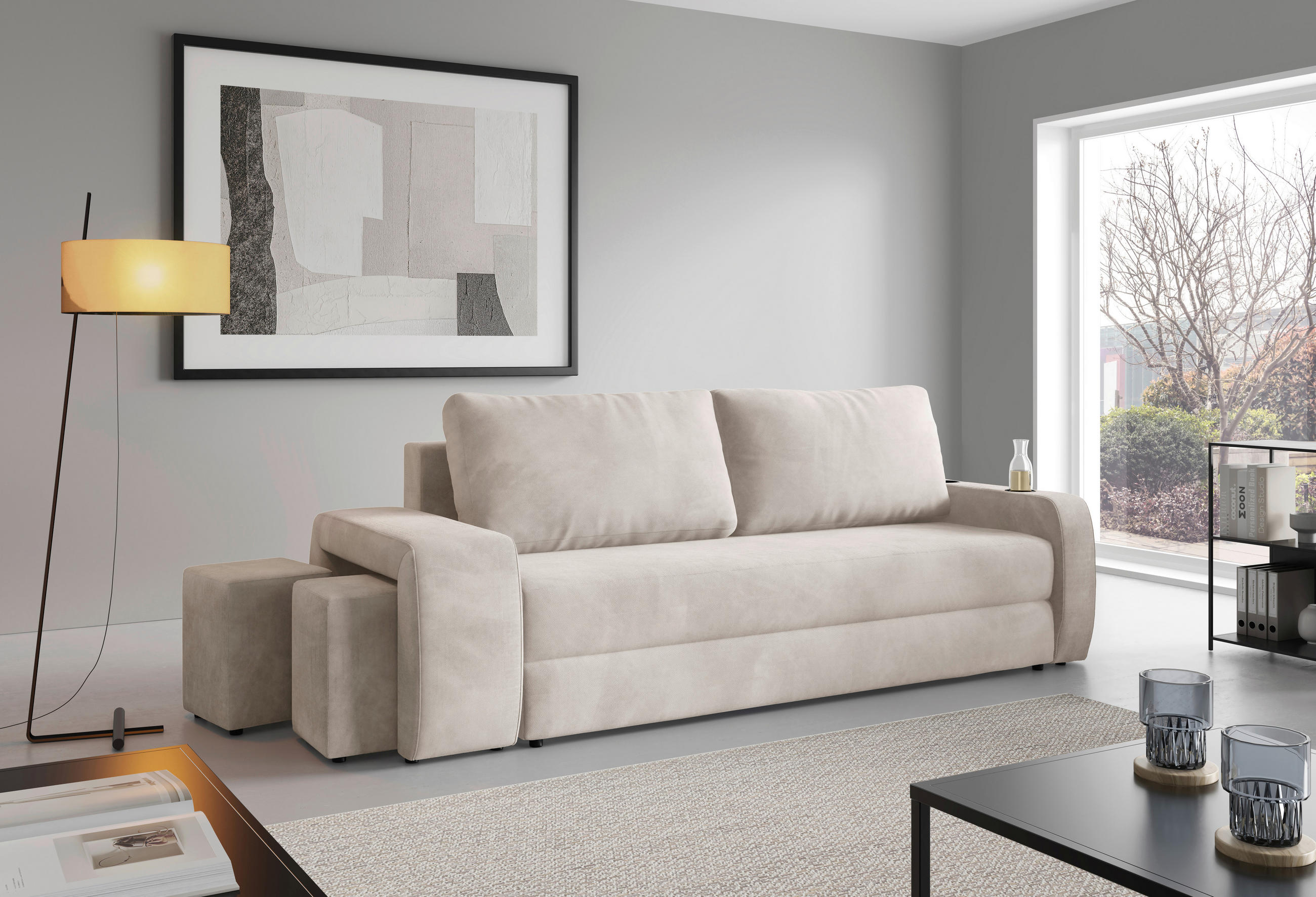 SCHLAFSOFA INES in Plüsch Creme  - Creme/Schwarz, Design, Kunststoff/Textil (258/98/95cm) - Livetastic