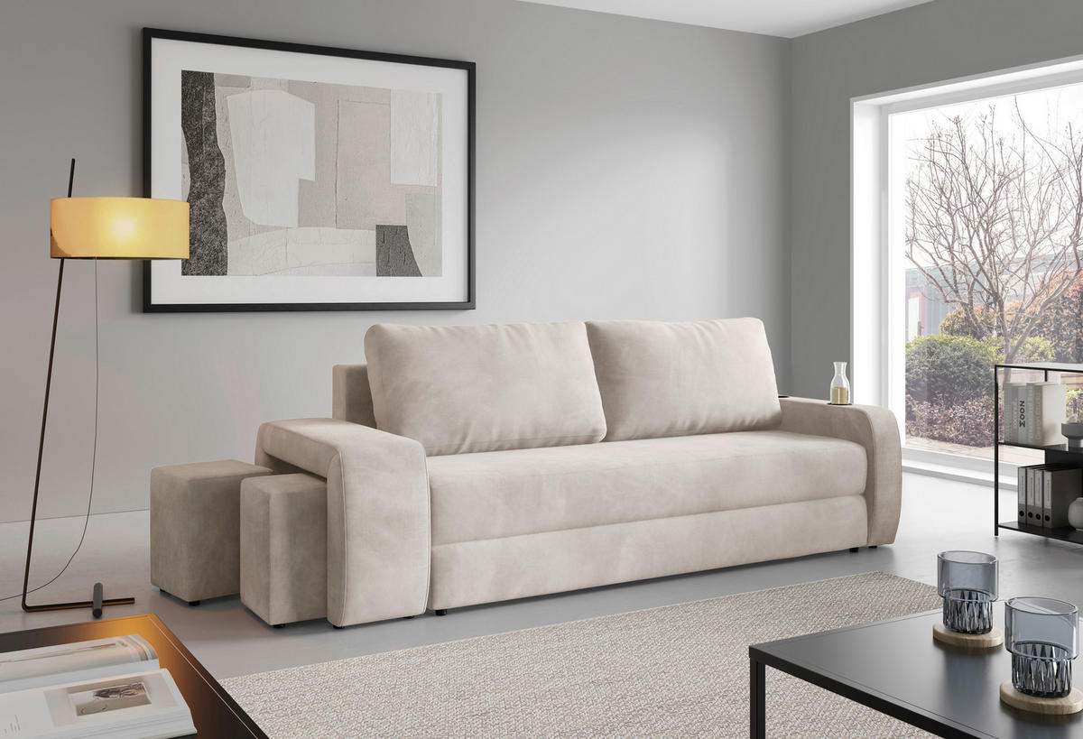 SCHLAFSOFA INES in Plüsch Creme  - Creme/Schwarz, Design, Kunststoff/Textil (258/98/95cm) - Livetastic