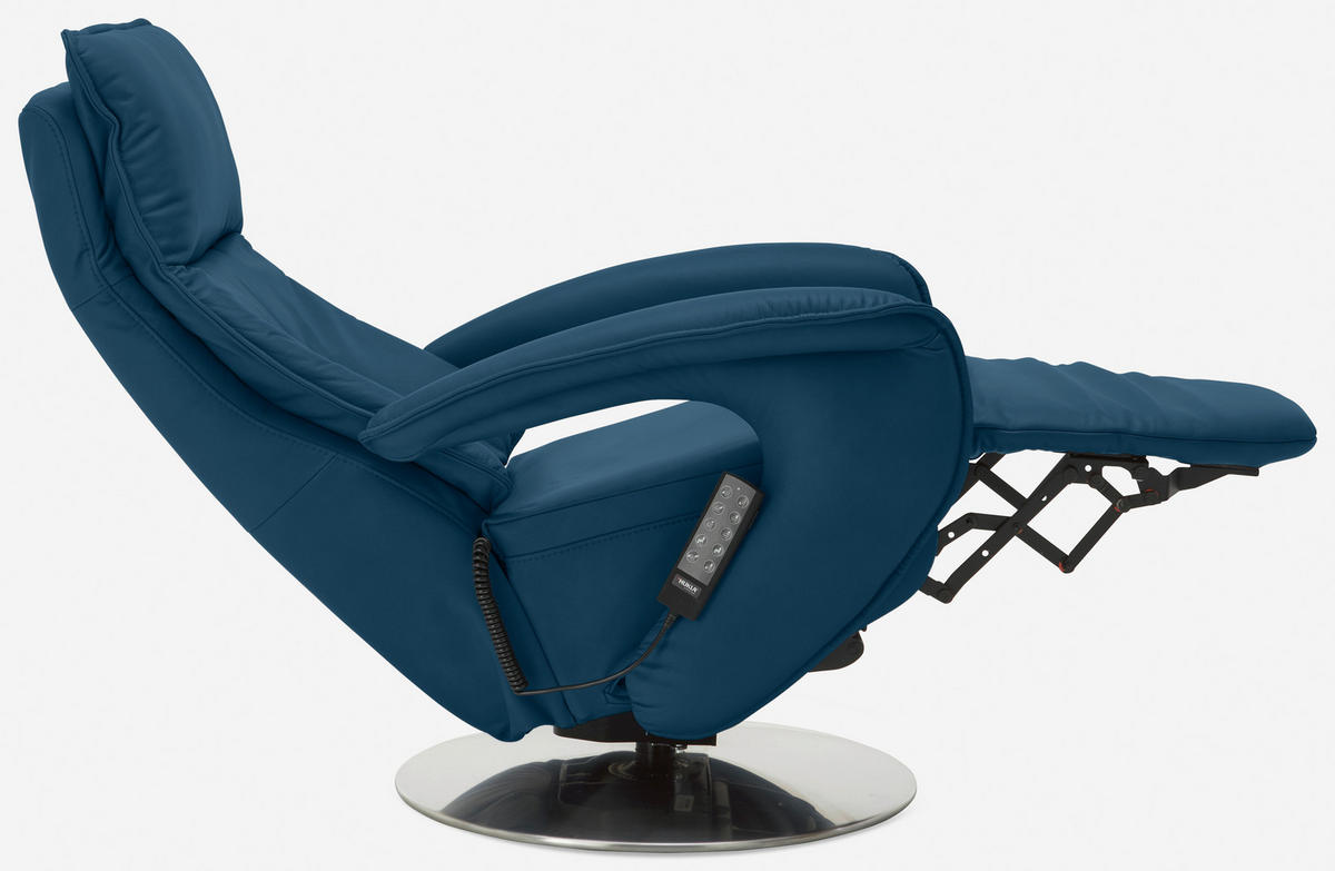 RELAXSESSEL Echtleder Relaxfunktion, Kopfteilverstellung, Aufstehhilfe    - Chromfarben/Blau, Design, Leder/Metall (77/110/87cm) - Valdera