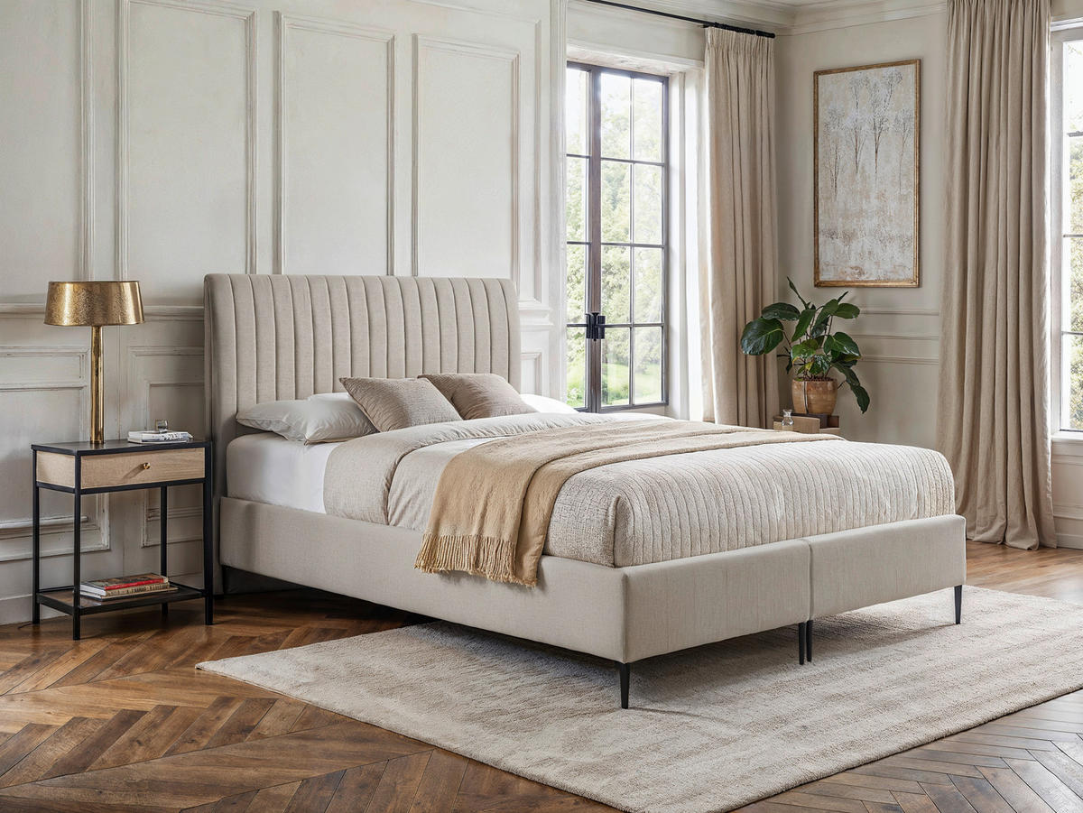 POSTELJA BOXSPRING   x  , leseni material, tekstil krem barve  - črna/krem barve, Moderno, kovina/tekstil (140/200cm) - MID.YOU