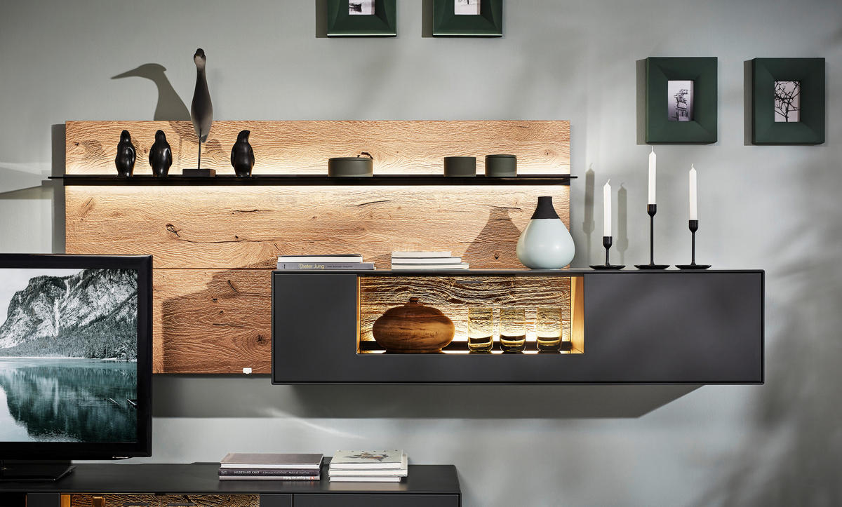 WOHNWAND  in Anthrazit, Eichefarben 313/174/49 cm  - Eichefarben/Anthrazit, Natur, Glas/Holz (313/174/49cm) - Valnatura