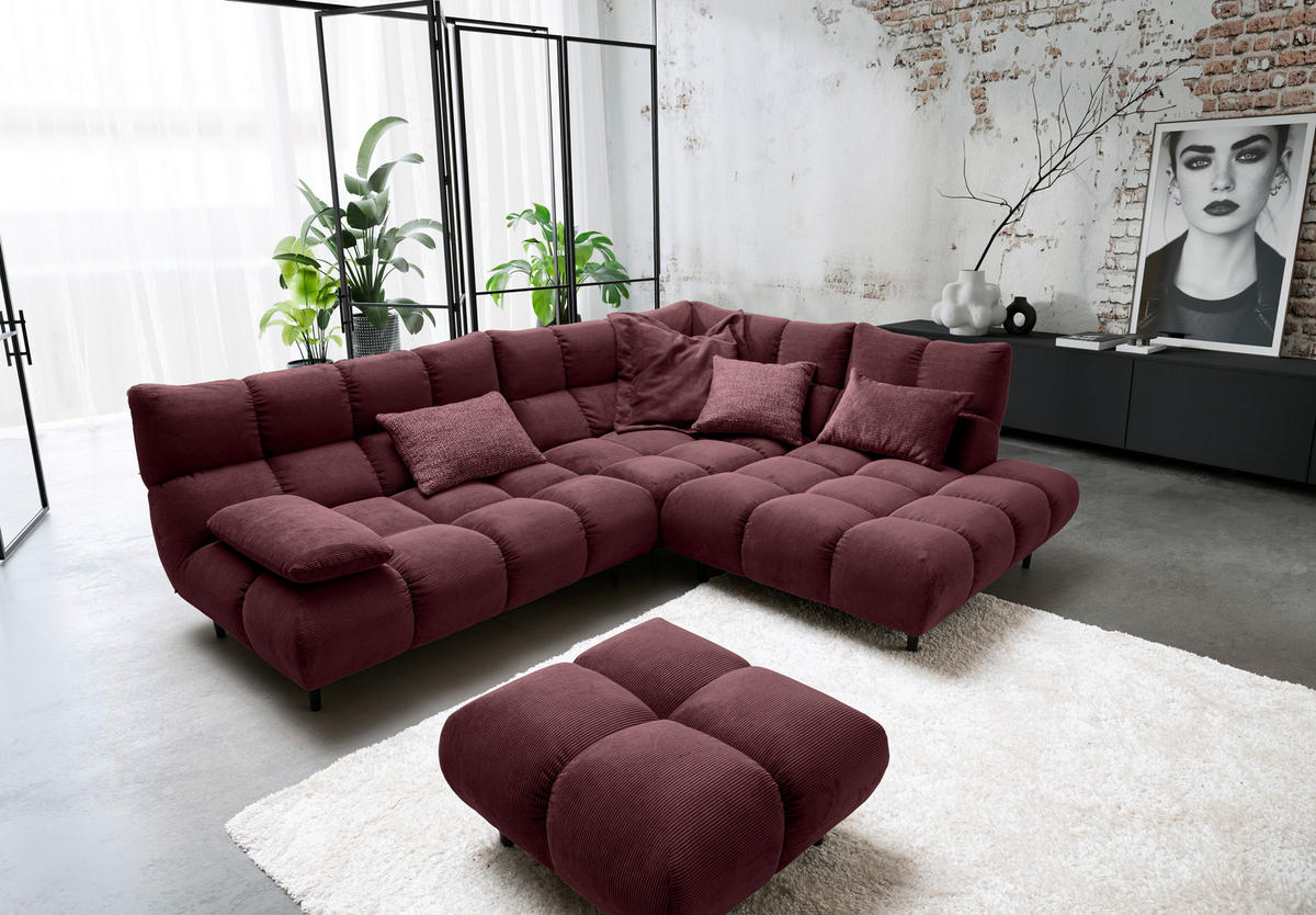 ECKSOFA Ottomane rechts, Eckteil  Bordeaux Feincord  - Bordeaux/Schwarz, Design, Holz/Textil (288/215cm) - Pure Home Lifestyle