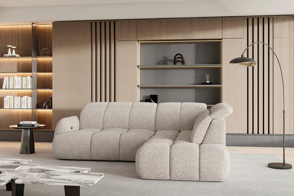 ECKSOFA Beige Webstoff Bettkasten, Schlaffunktion, Rücken echt, Kopfteilverstellung, Sitzvorzug  - Beige/Schwarz, Design, Kunststoff/Textil (275/230cm) - Welnova