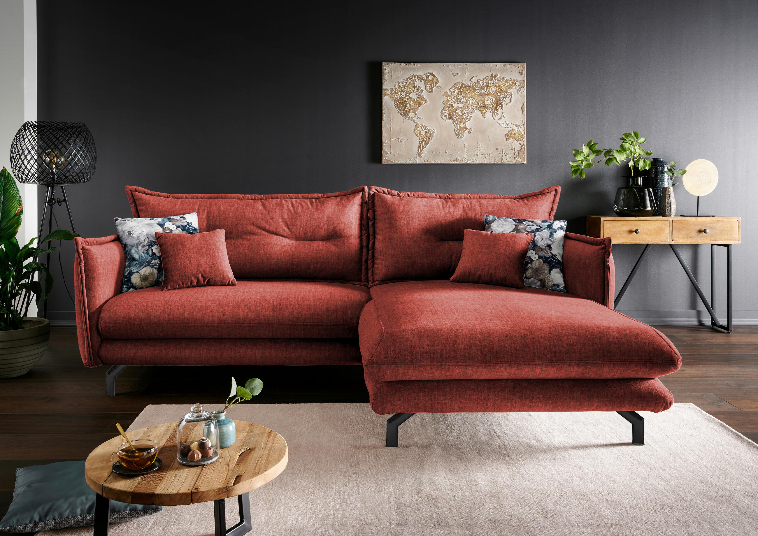 ECKSOFA Koralle Velours  - Türkis/Koralle, MODERN, Textil/Metall (255/180cm) - Livetastic