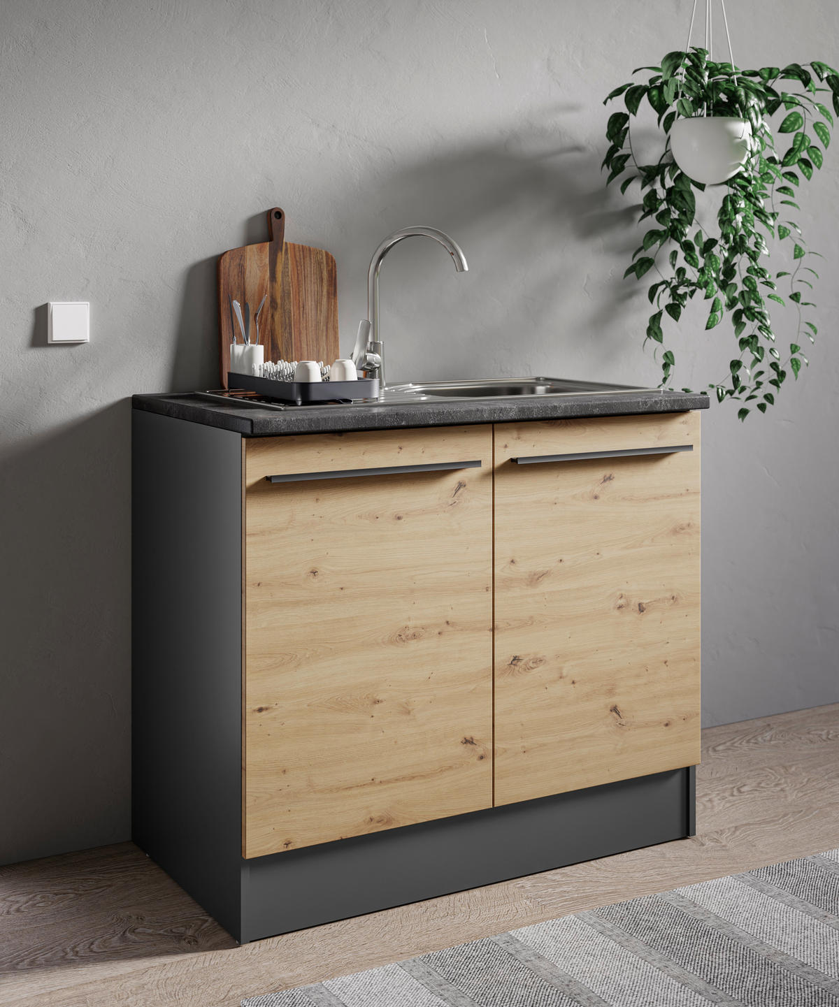 SPÜLENUNTERSCHRANK 100/90/60 cm  in Anthrazit, Eiche Artisan  - Anthrazit/Schwarz, Design, Holzwerkstoff/Kunststoff (100/90/60cm) - MID.YOU
