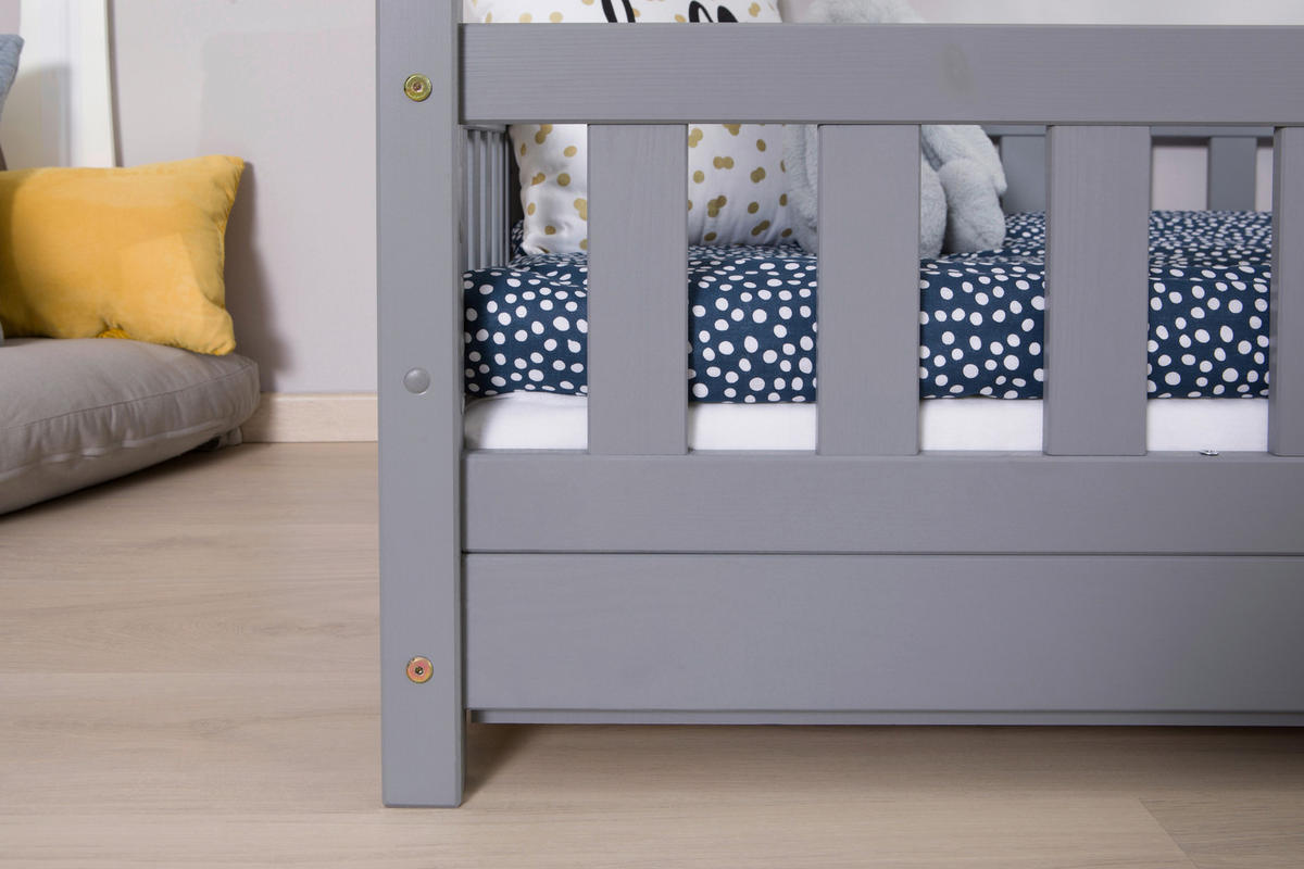 HAUSBETT  in Hellgrau, Absturzsicherung, Matratze, Rollrost, Bettkasten  - Hellgrau/Weiß, MODERN, Holz/Textil (90/200cm) - MID.YOU